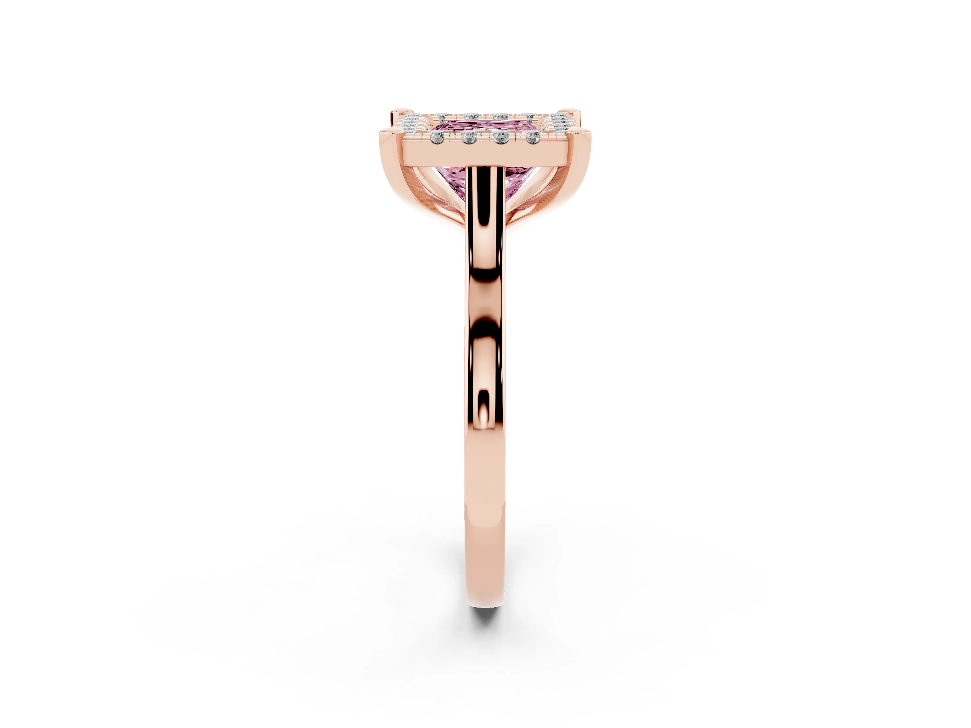 Fancy Pink Princess Cut Diamond Cluster Halo Solitaire Ring Set in Rose gold with Prong Setting