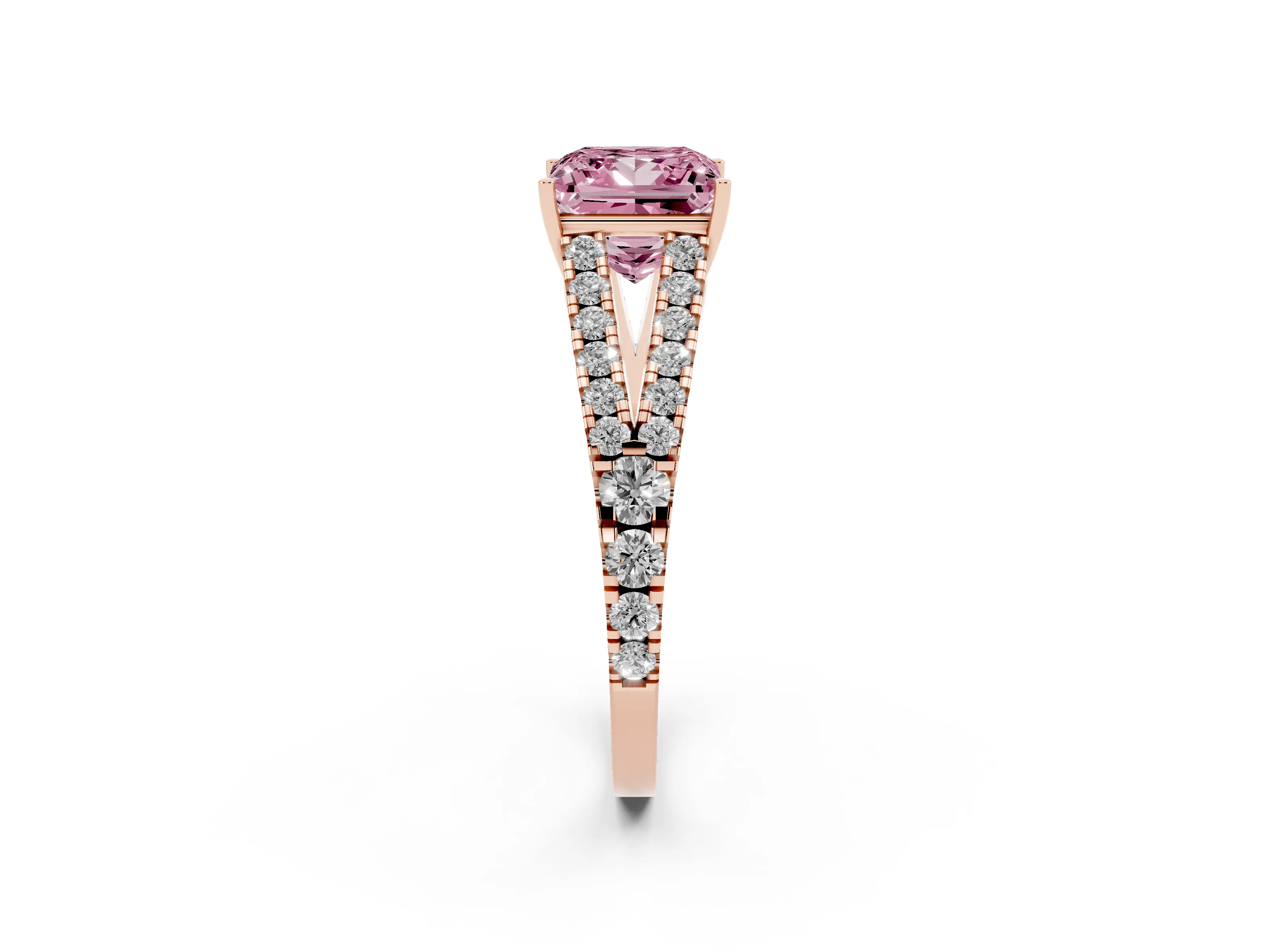 Fancy Pink Princess Cut Diamond Split Shank Pavé Engagement Ring Set in Rose gold with Prong-Held Center Stone