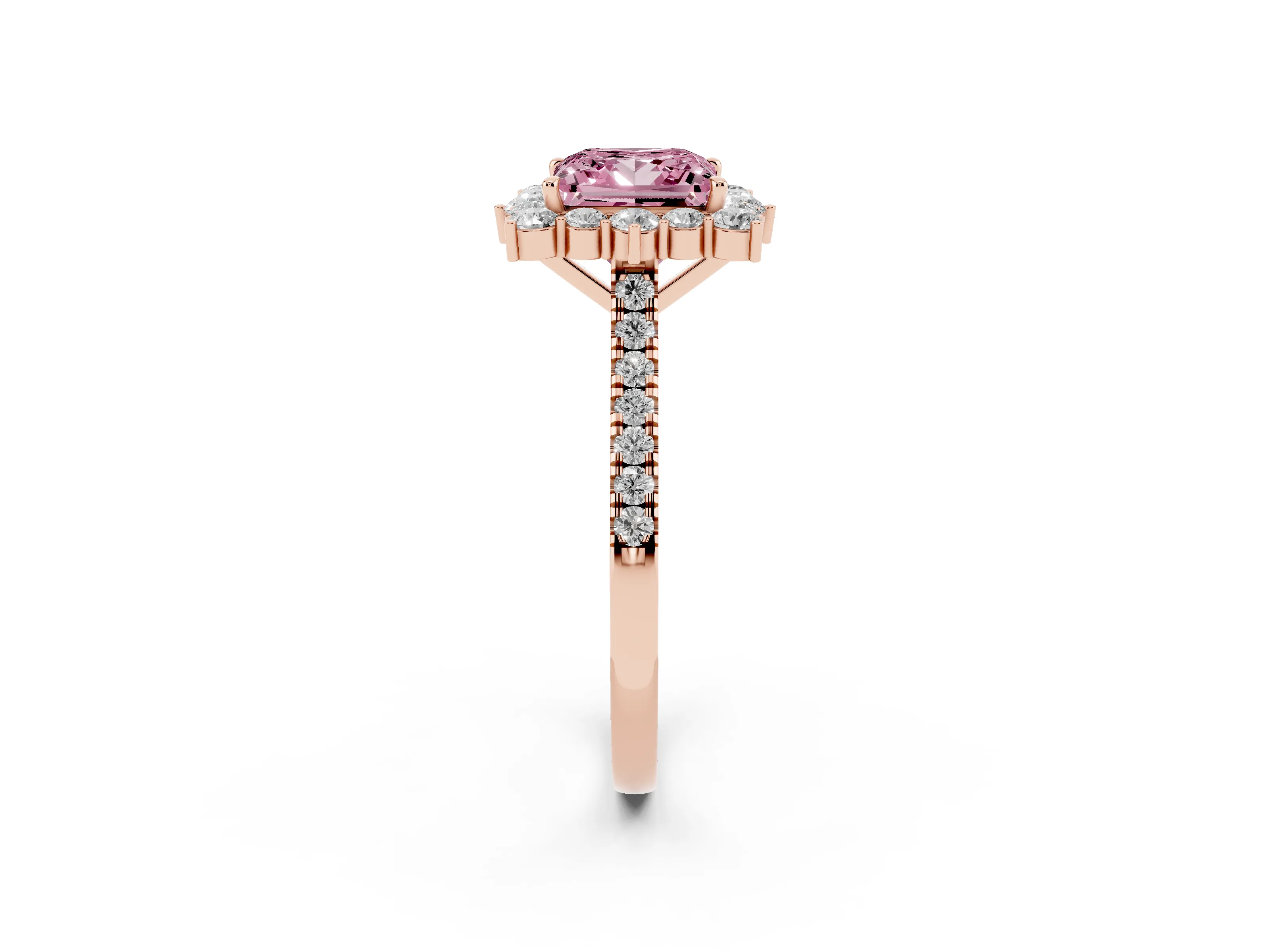 Fancy Pink Princess Cut Diamond Halo Ring Set in Rose gold with Pavé Band and Prong Setting