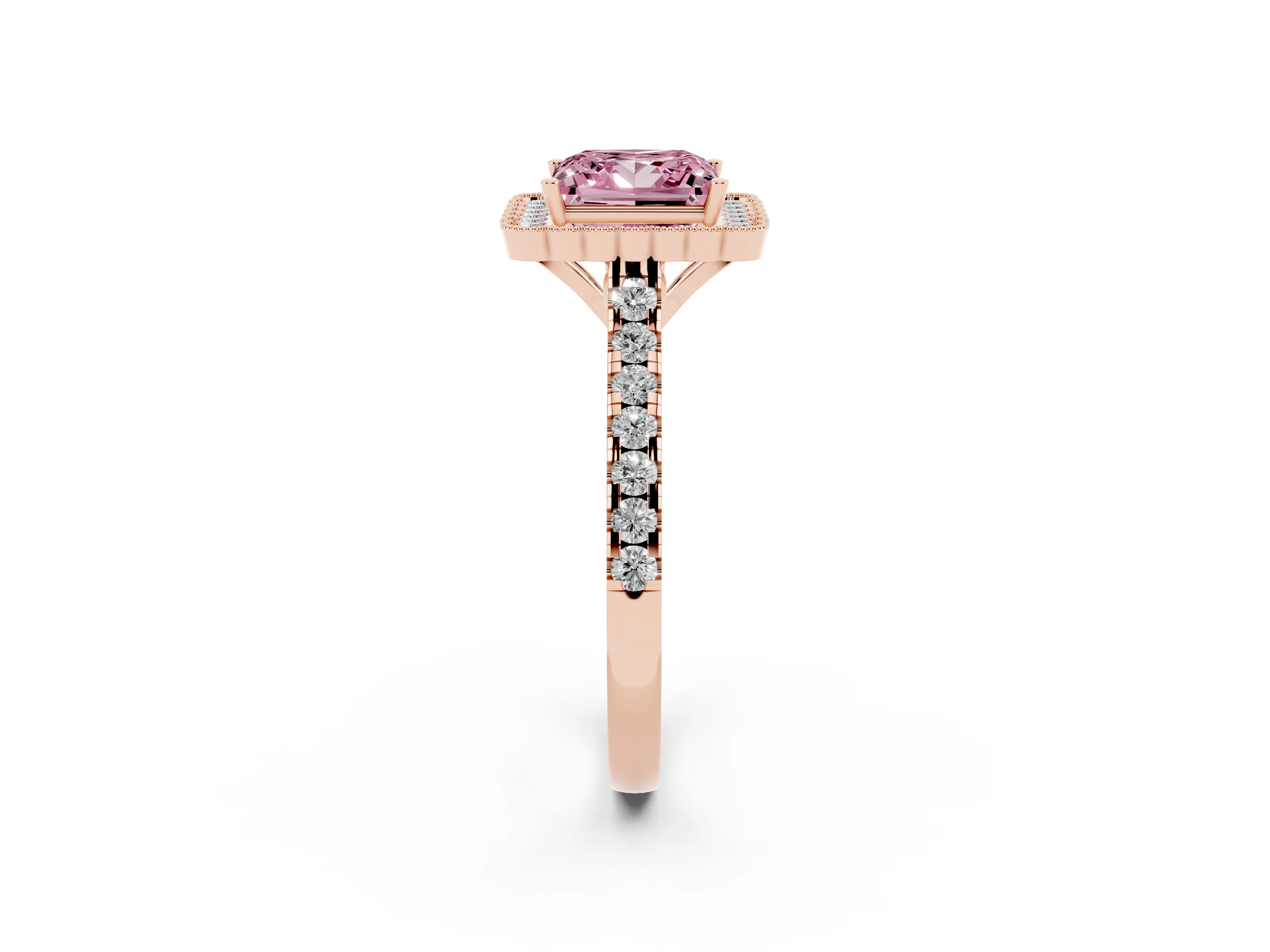 Fancy Pink Princess Cut Diamond Milgrain Floral Halo Engagement Ring Set in Rose gold with Pavé Band