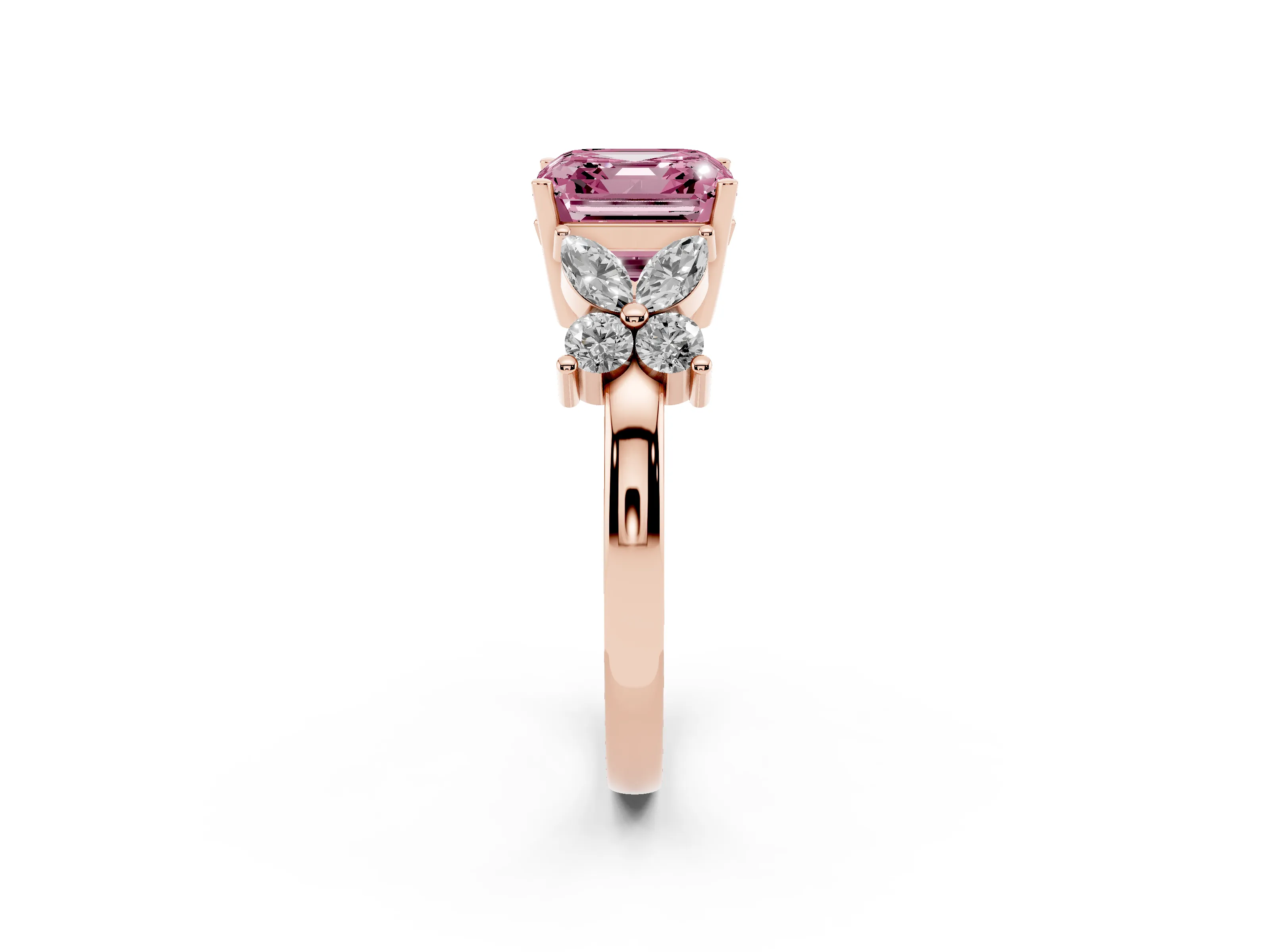 Fancy Pink Princess Cut Diamond Floral Cluster Ring Set in Rose gold with Marquise Petals and Prong Setting