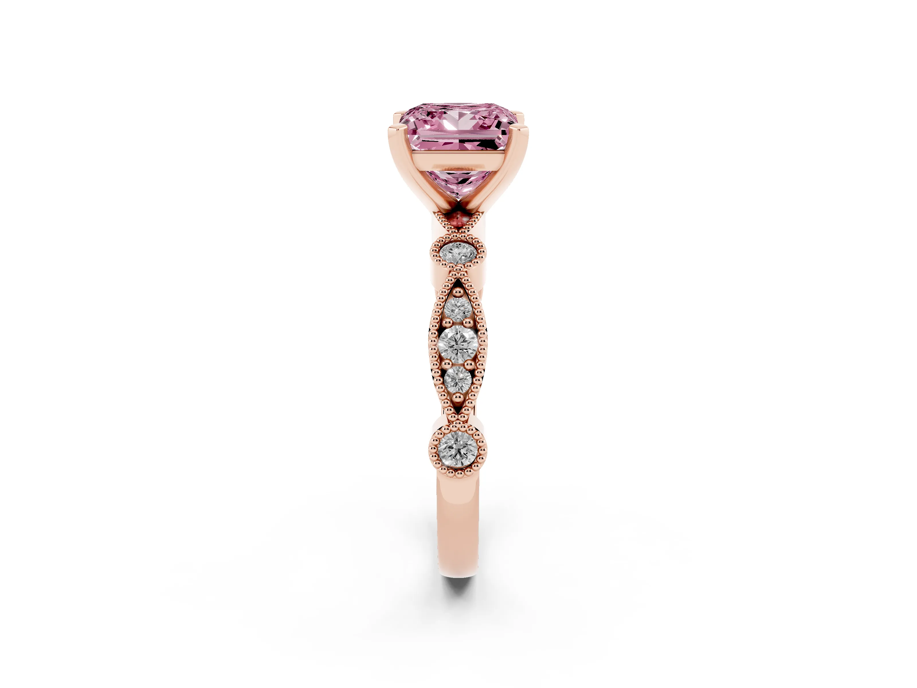 Fancy Pink Princess Cut Diamond Solitaire Engagement Ring Set in Rose gold with Milgrain Bezel Accent Band