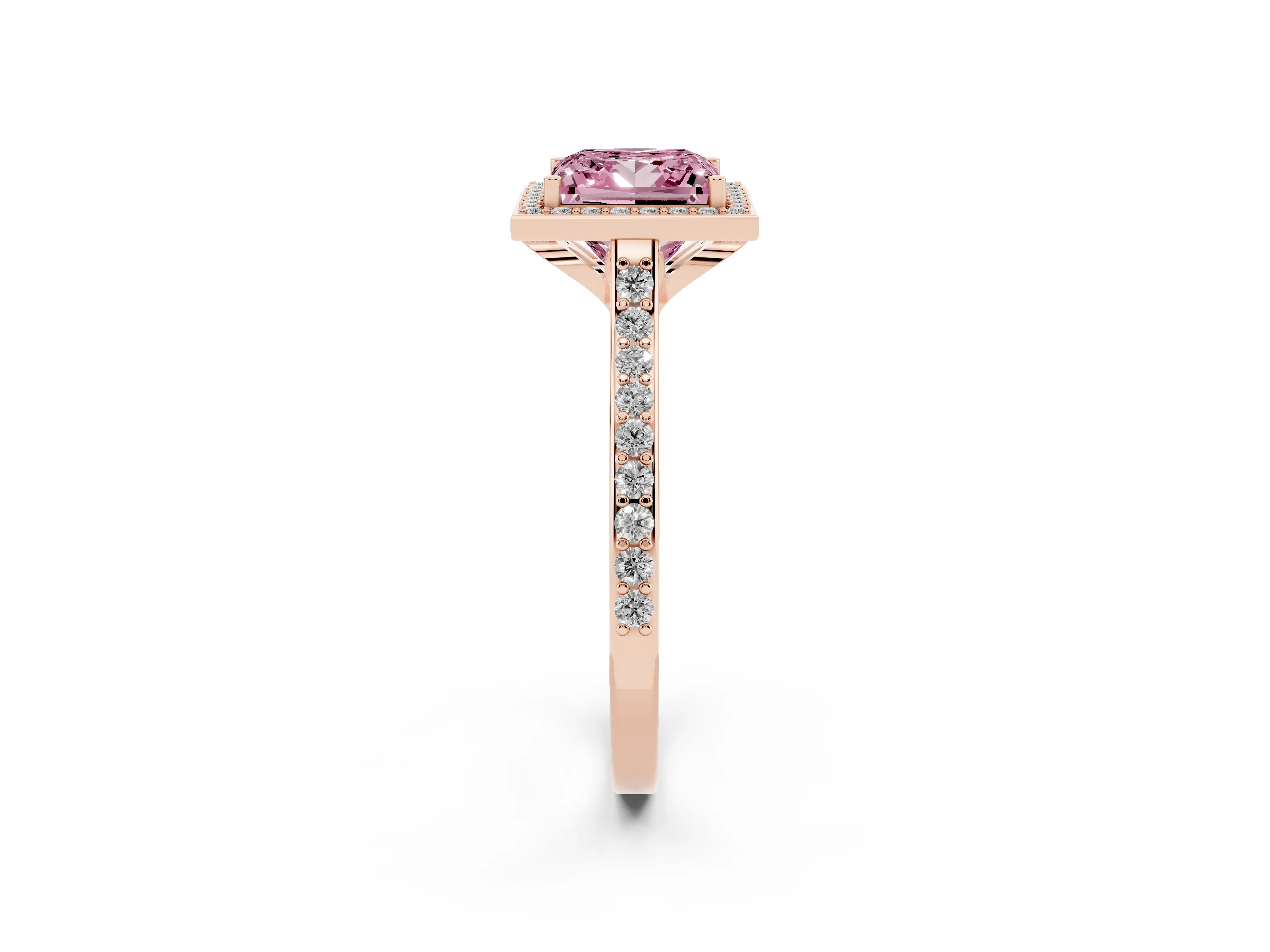 Fancy Pink Princess Cut Diamond Halo Engagement Ring Set in Rose gold with Round Pavé Shoulders and Heart Gallery