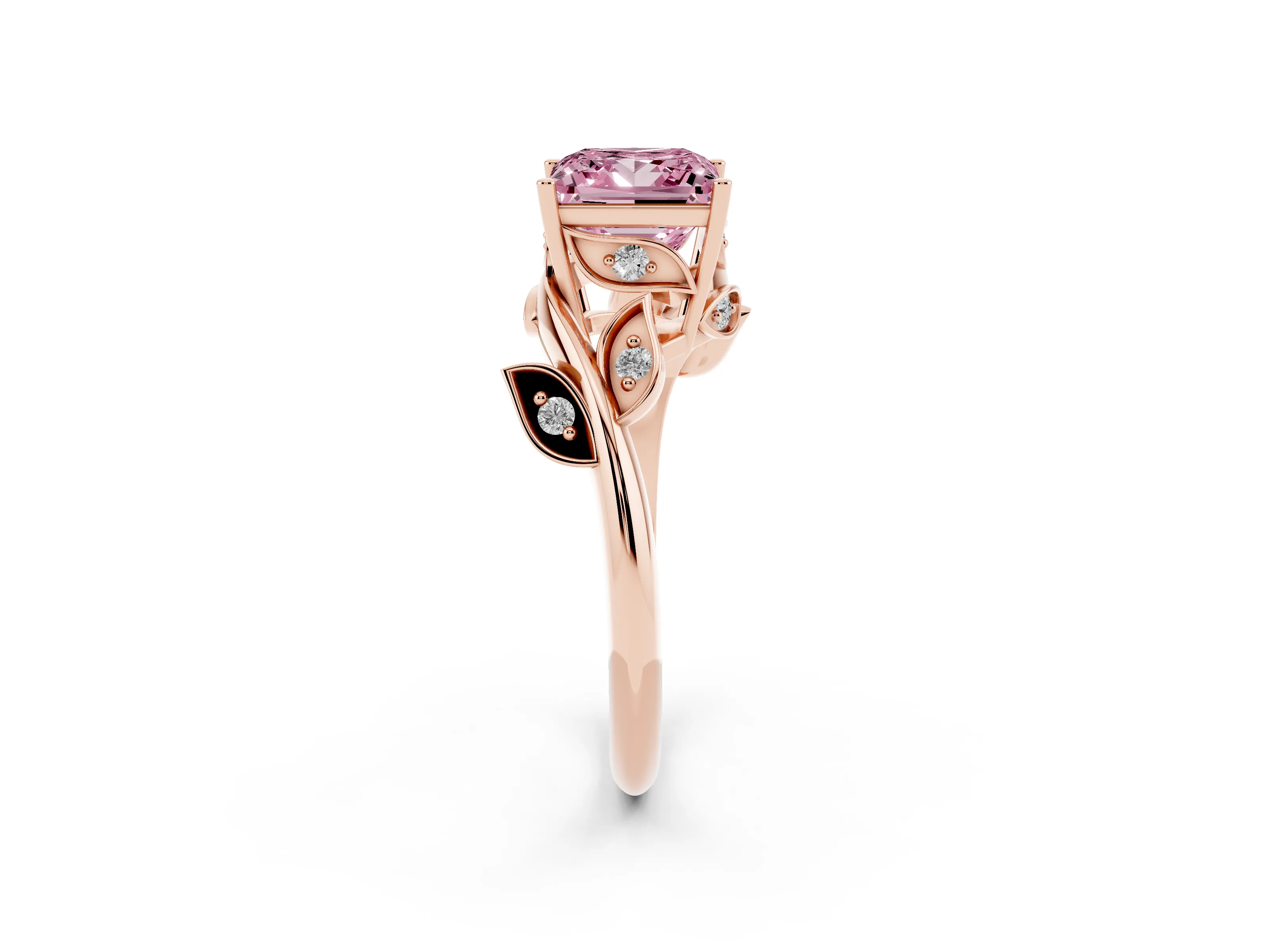Fancy Pink Princess Cut Diamond Solitaire Twist Engagement Ring Set in Rose gold with Pavé Leaf Accents