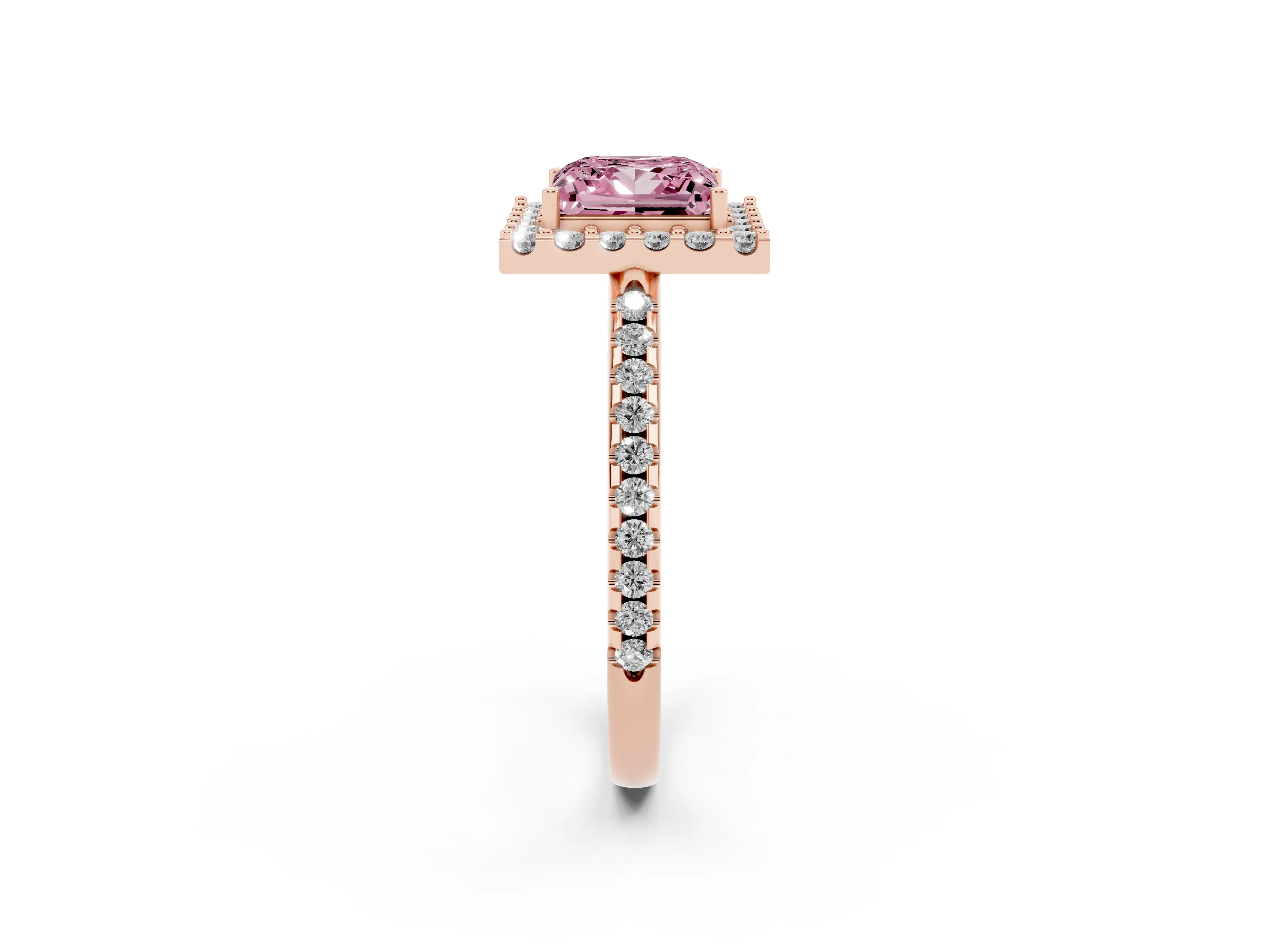 Fancy Pink Princess Cut Diamond Pavé Halo Ring Set in Rose gold with Prong Setting