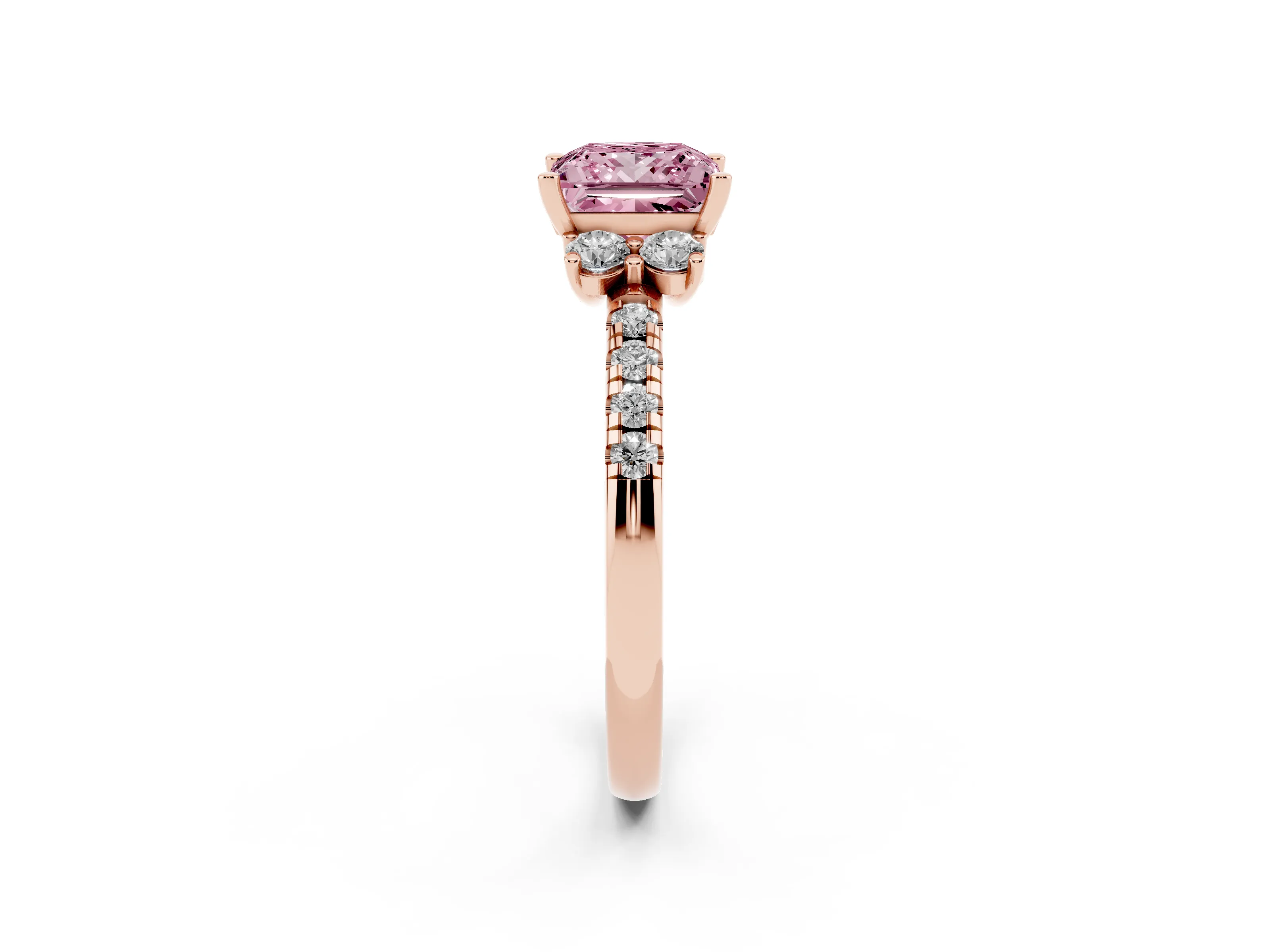 Fancy Pink Princess Cut Diamond Three-Stone Pavé Ring Set in Rose gold with Prong Setting