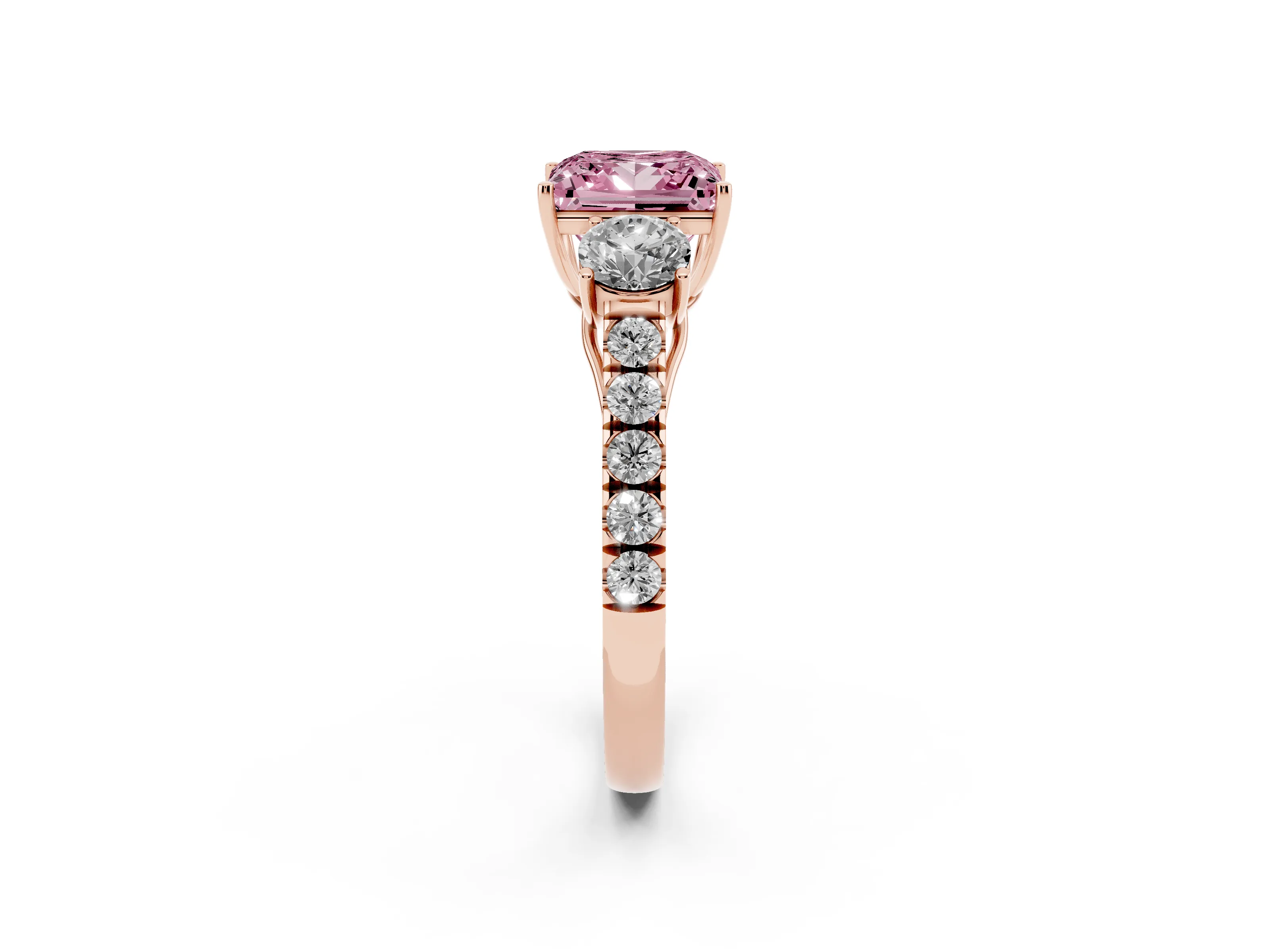 Fancy Pink Princess Cut Diamond Three-Stone Ring Set in Rose gold with Round Side Stones and Delicate Pavé Band