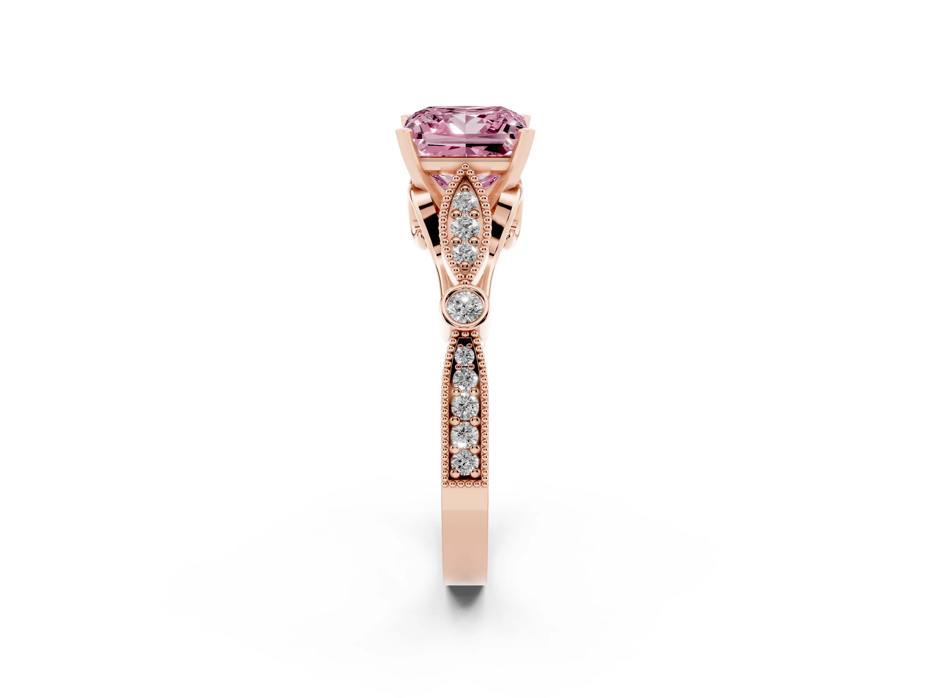Fancy Pink Princess Cut Diamond Solitaire Ring Set in Rose gold with Milgrain Marquise and Bezel Accents
