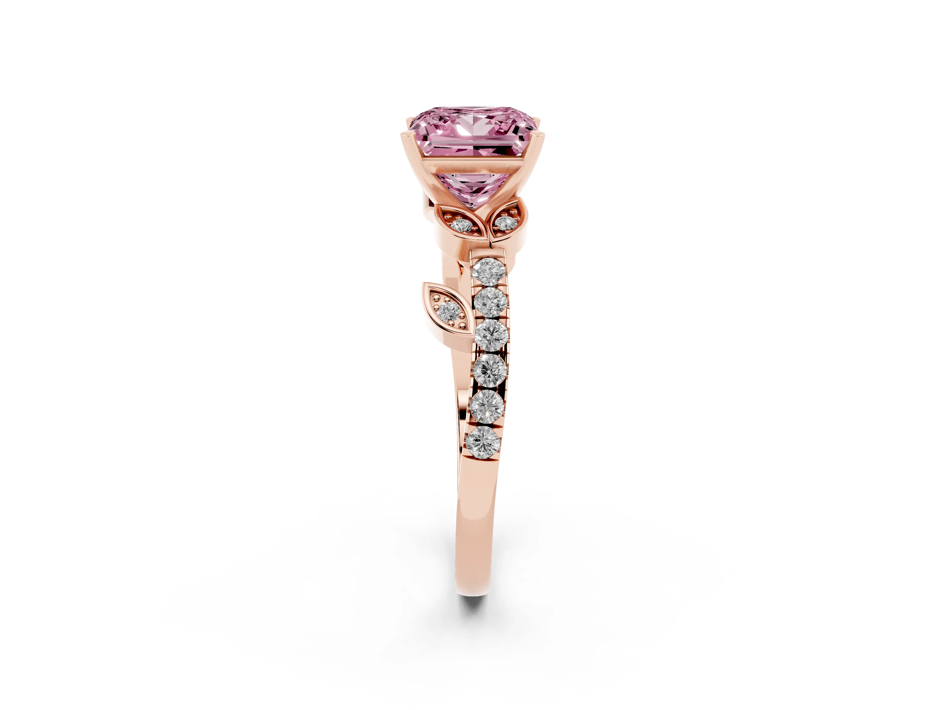 Fancy Pink Princess Cut Diamond Solitaire Leaf-Inspired Ring Set in Rose gold with Pavé Band and Prong Setting