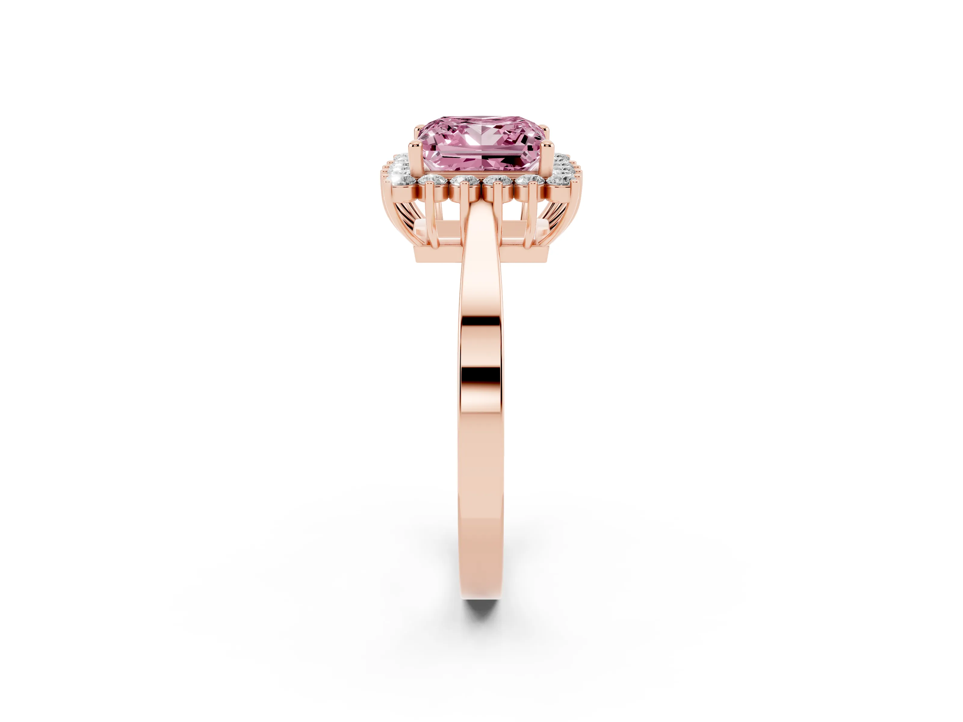 Fancy Pink Princess Cut Diamond Halo Ring Set in Rose gold with Round Halo and Smooth Solitaire Band