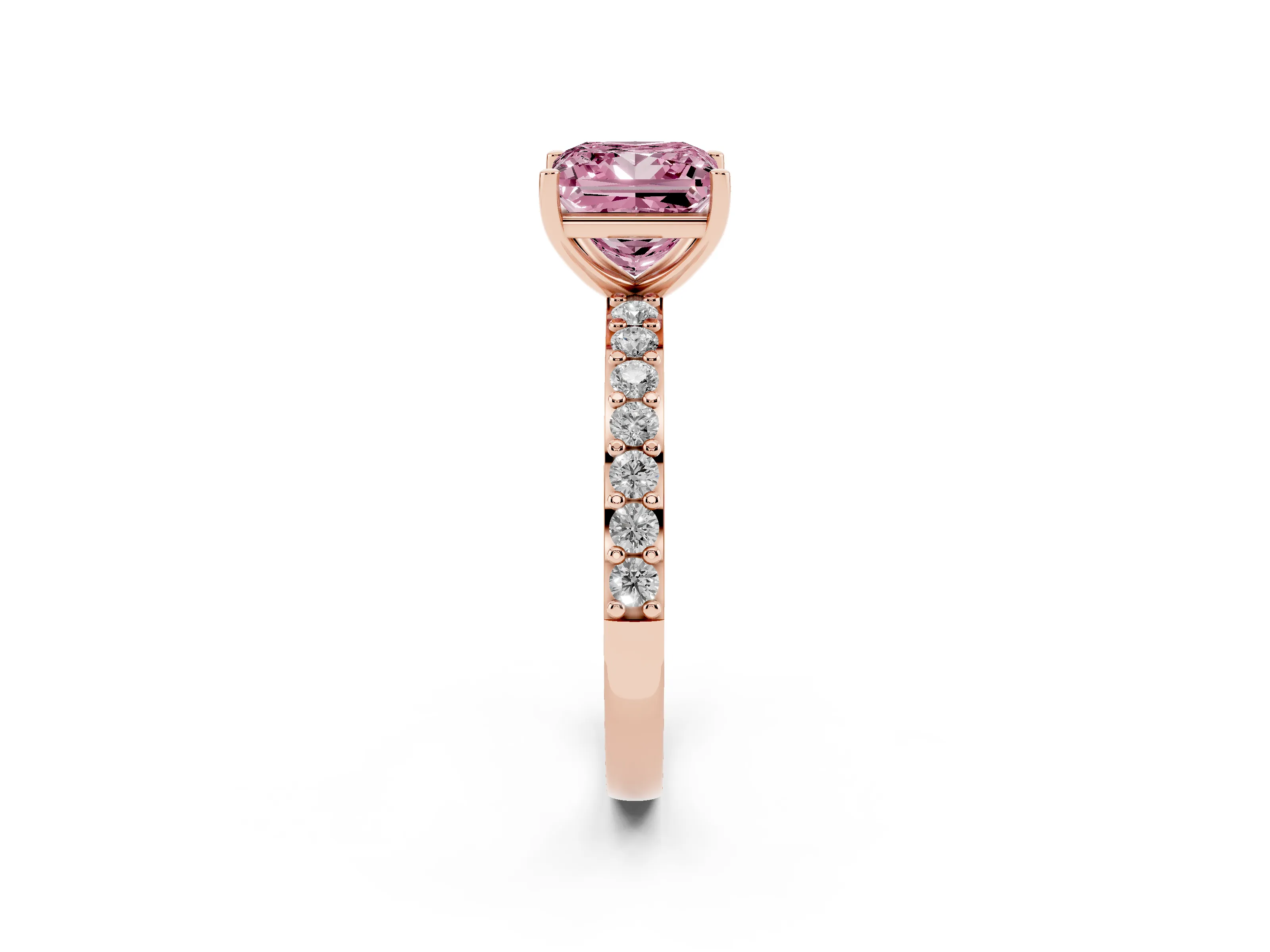 Fancy Pink Princess Cut Diamond Solitaire Set in Rose gold with Round Pavé Band and Prong Setting