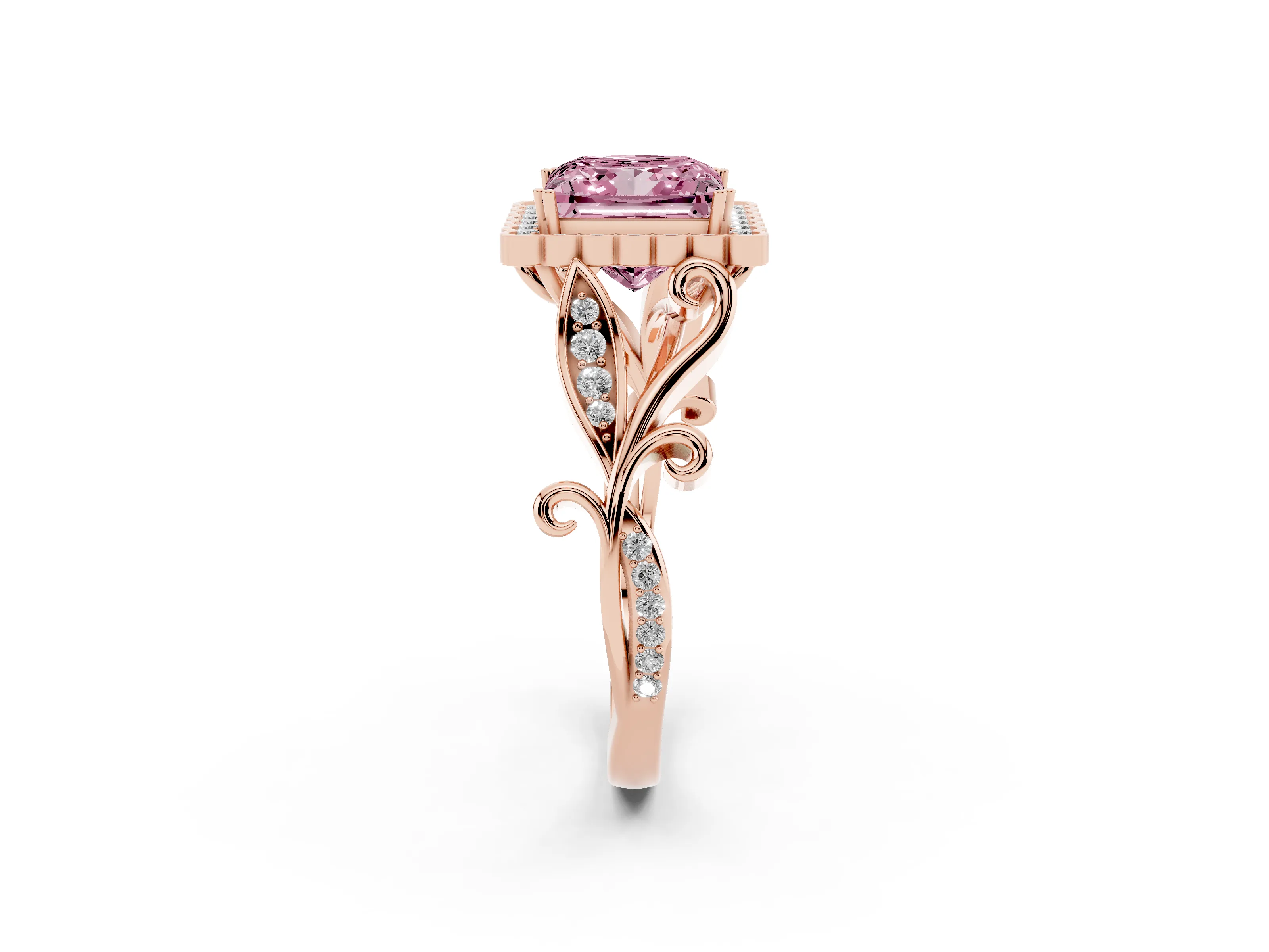 Fancy Pink Princess Cut Diamond Halo Ring Set in Rose gold with Leaf Motif Split Shank and Prong Setting
