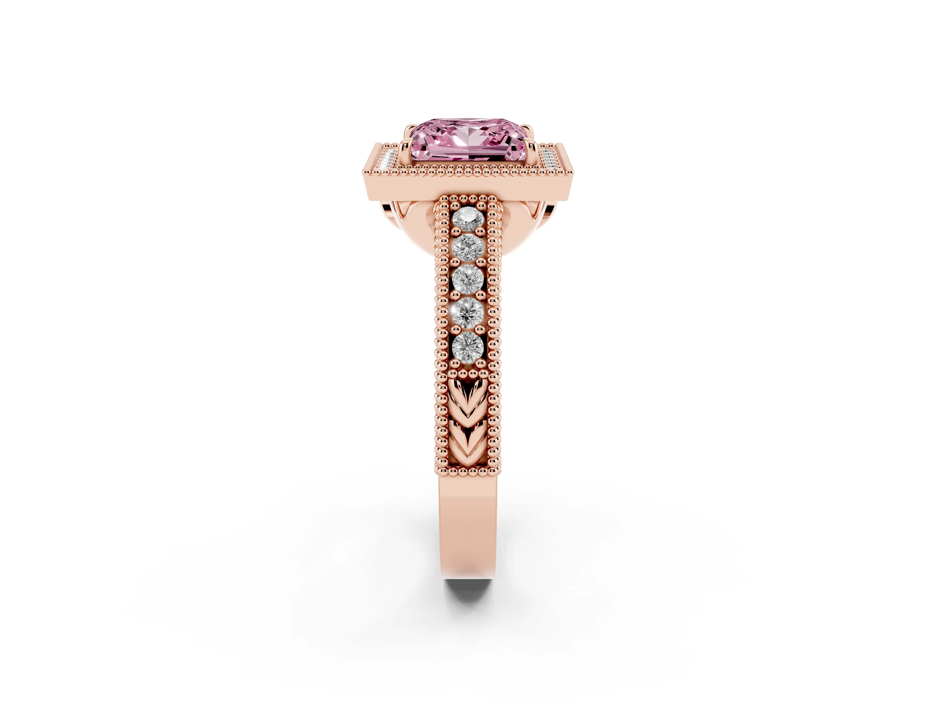 Fancy Pink Princess Cut Diamond Halo Ring Set in Rose gold with Round Accent Halo, Pavé Band and Prong Setting