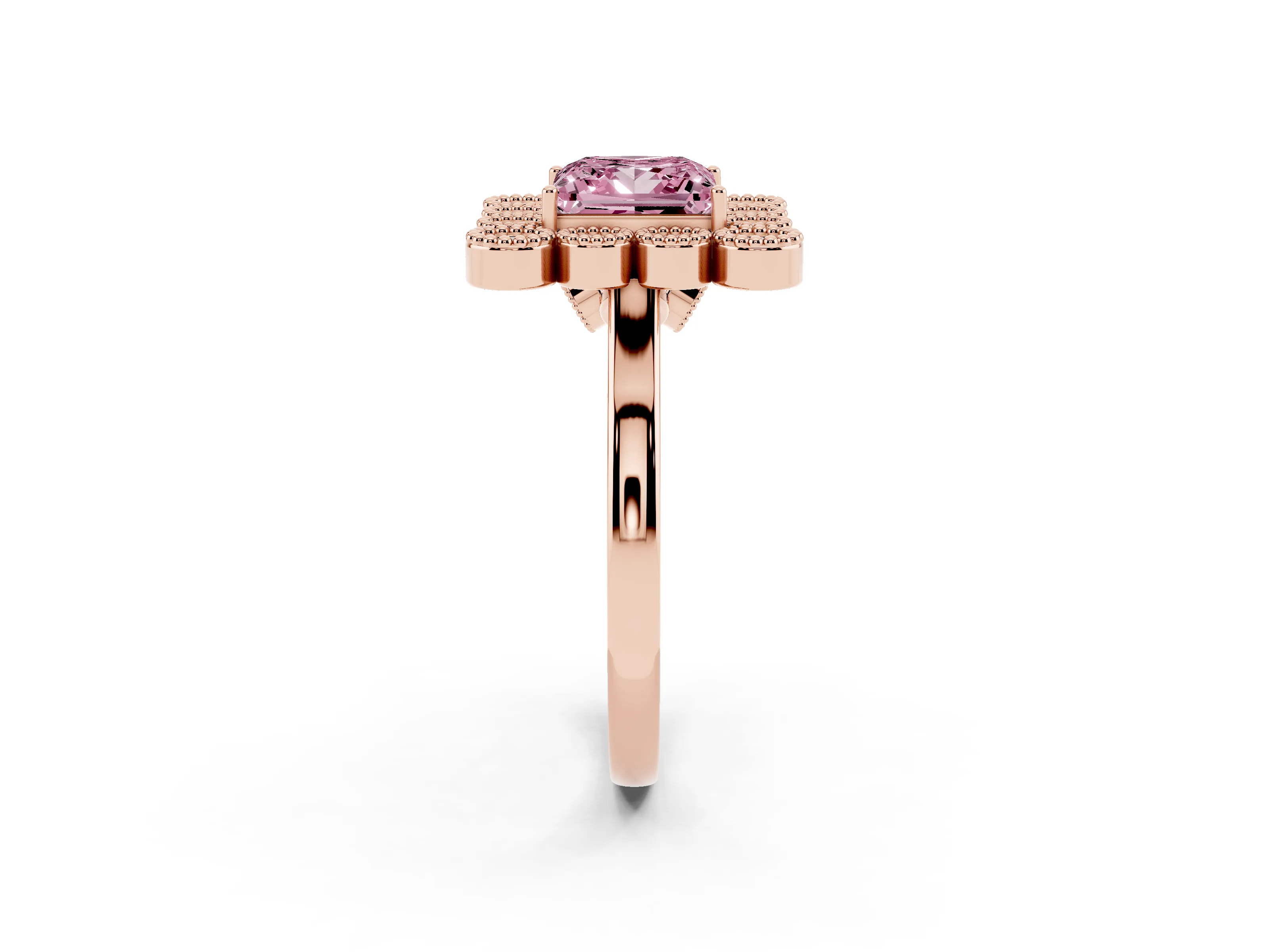 Fancy Pink Princess Cut Diamond Cluster Halo Ring Set in Rose gold with Milgrain Bezel Accents and Plain Band