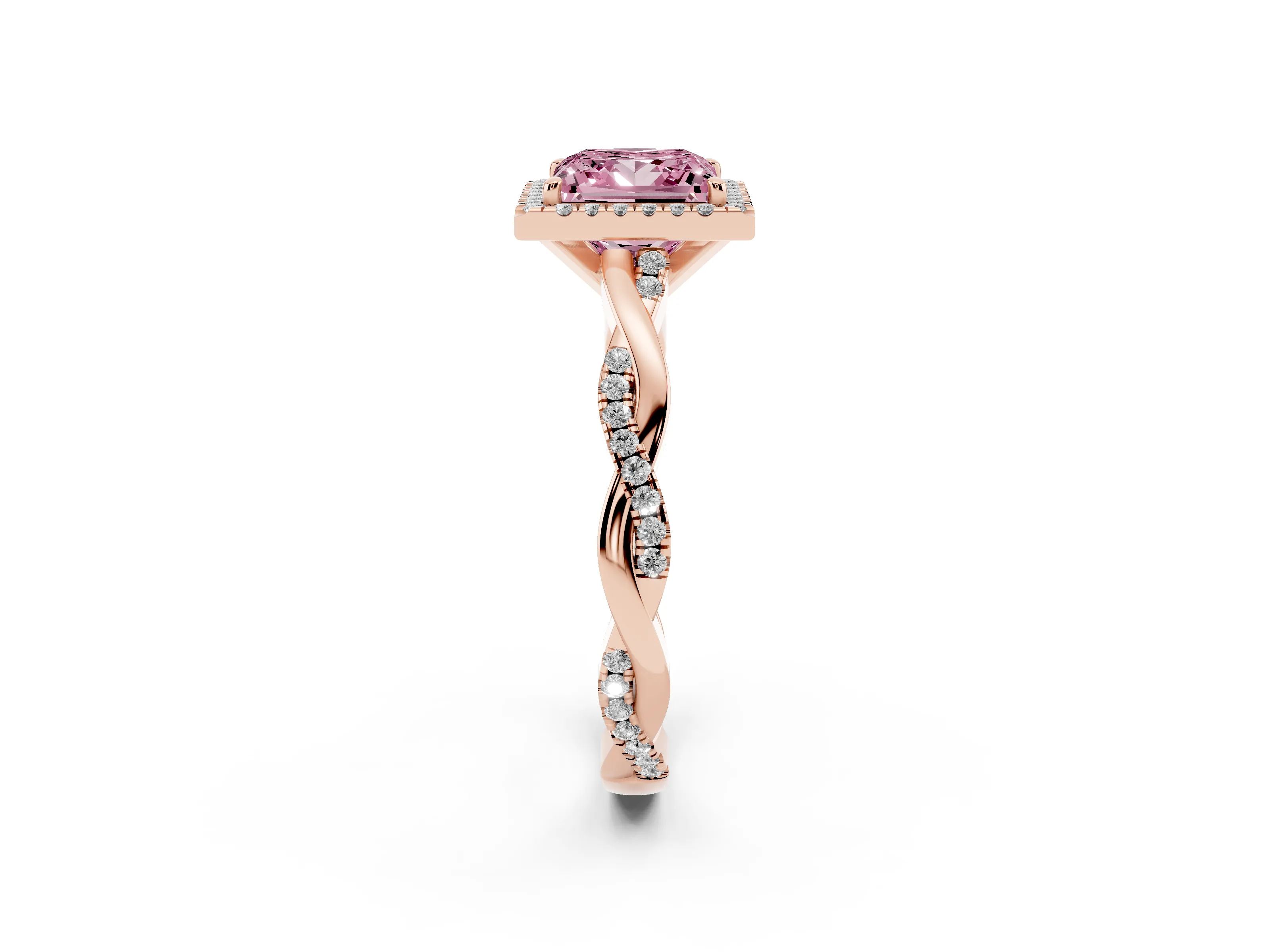 Fancy Pink Princess Cut Diamond Halo Twisted Band Ring Set in Rose gold with Prong Setting