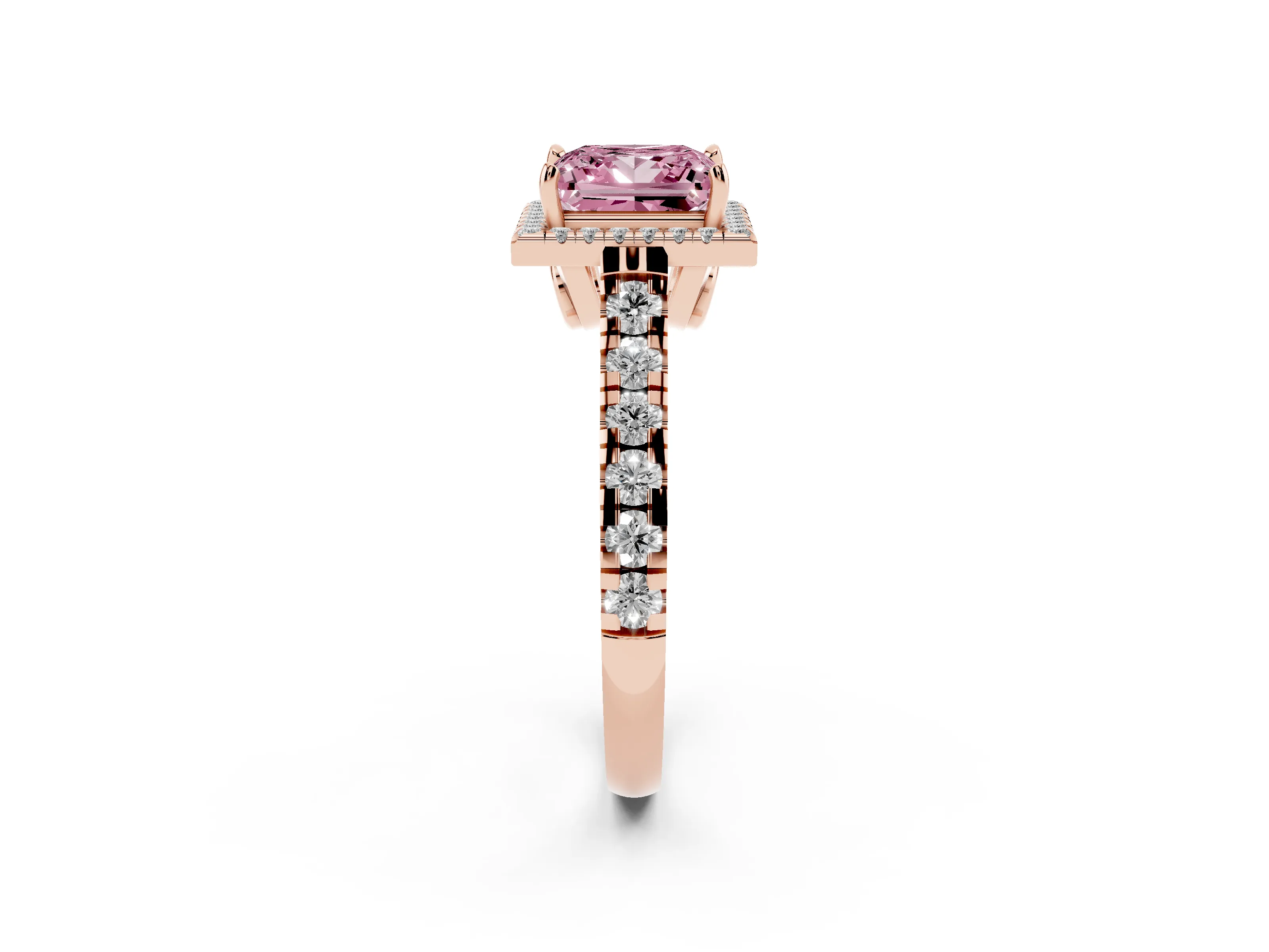 Fancy Pink Princess Cut Diamond Halo Engagement Ring Set in Rose gold with Pavé Band and Prong-Set Center
