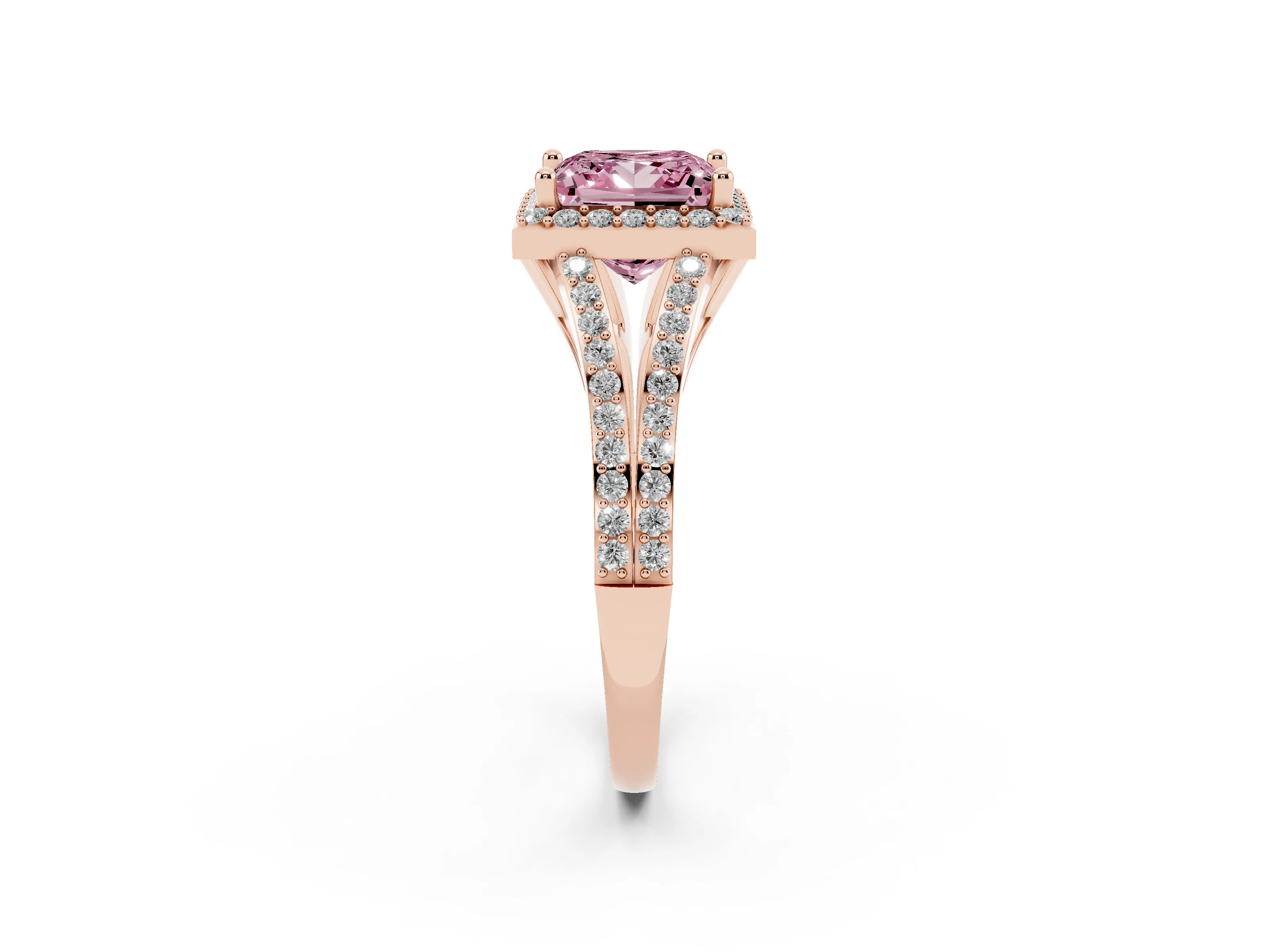 Fancy Pink Princess Cut Diamond Halo Split Shank Pavé Ring Set in Rose gold with Prong Setting