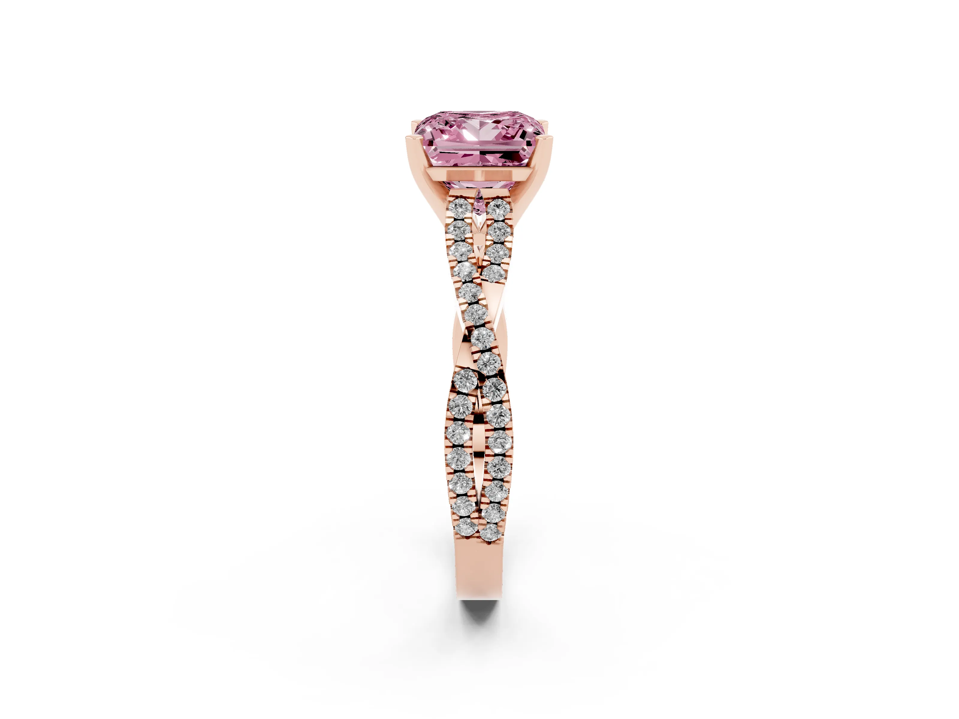 Fancy Pink Princess Cut Diamond Solitaire Engagement Ring Set in Rose gold with Twisted Pavé Band and Prong Setting