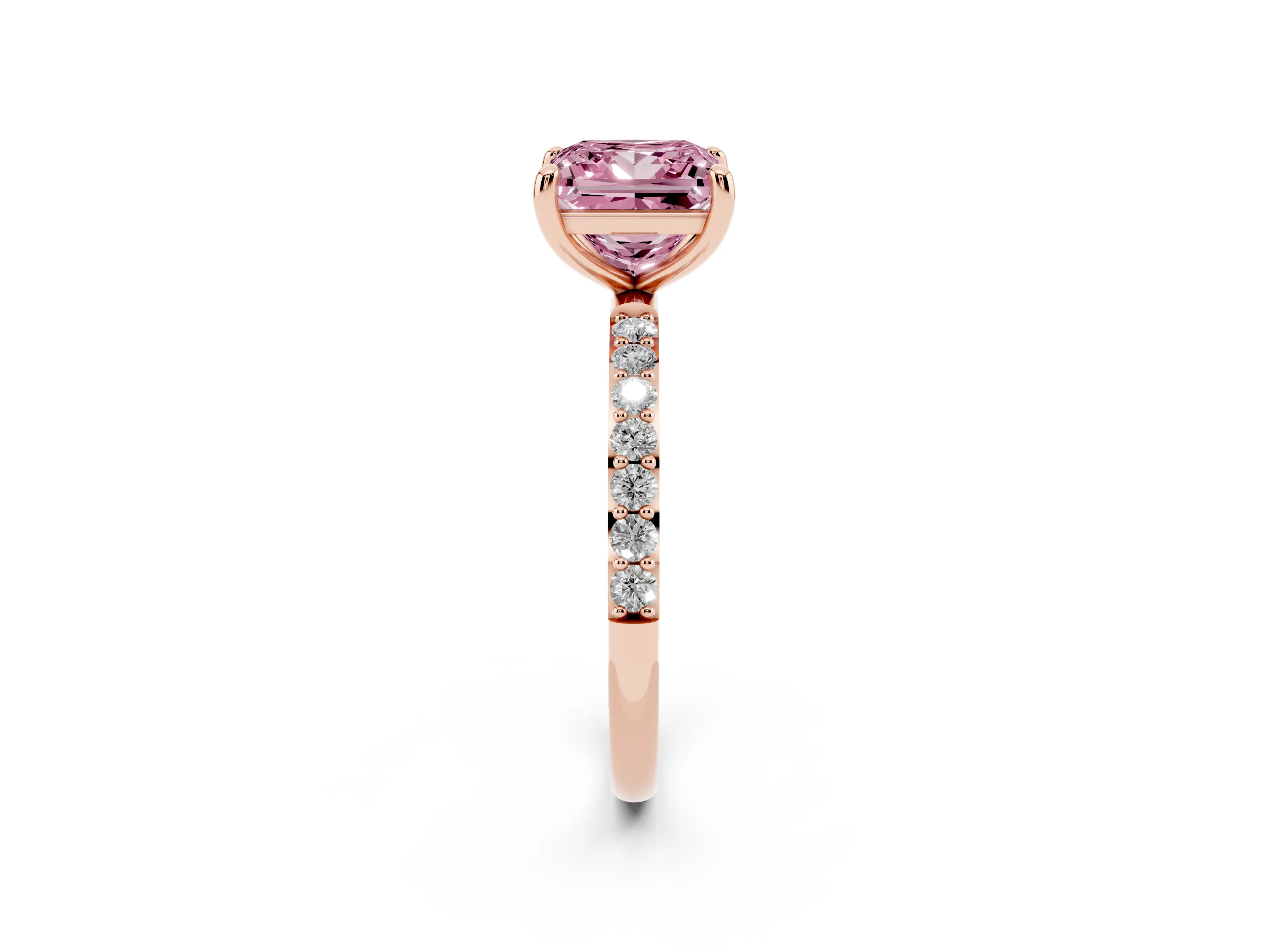 Fancy Pink Princess Cut Diamond Solitaire Ring Set in Rose gold with Round Pavé Band and Prong Setting