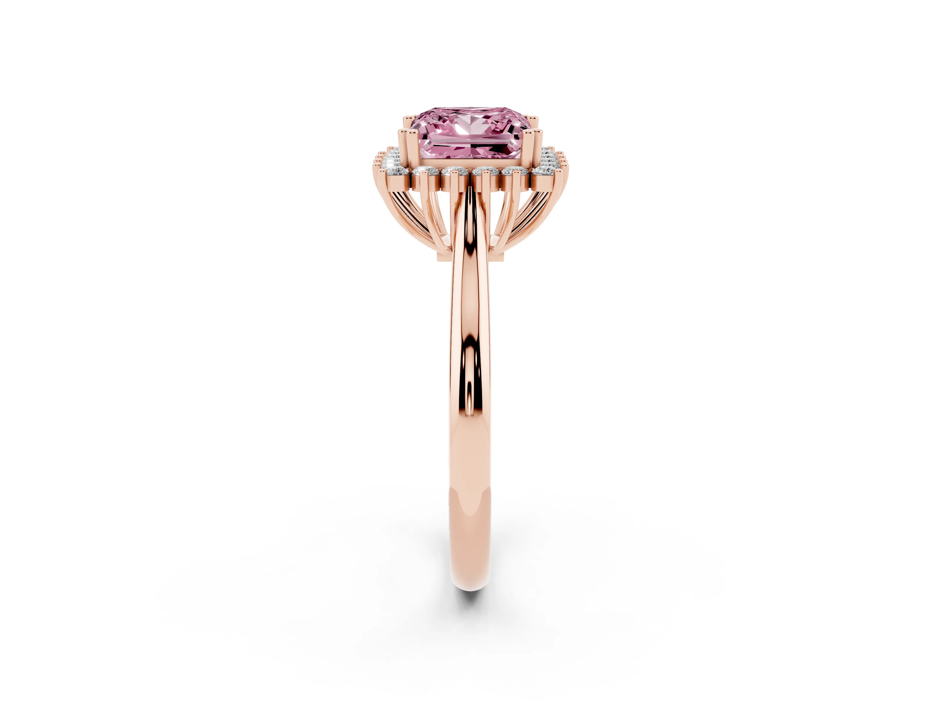 Fancy Pink Princess Cut Diamond Halo Ring Set in Rose gold with Plain Solitaire Band and Prong Setting