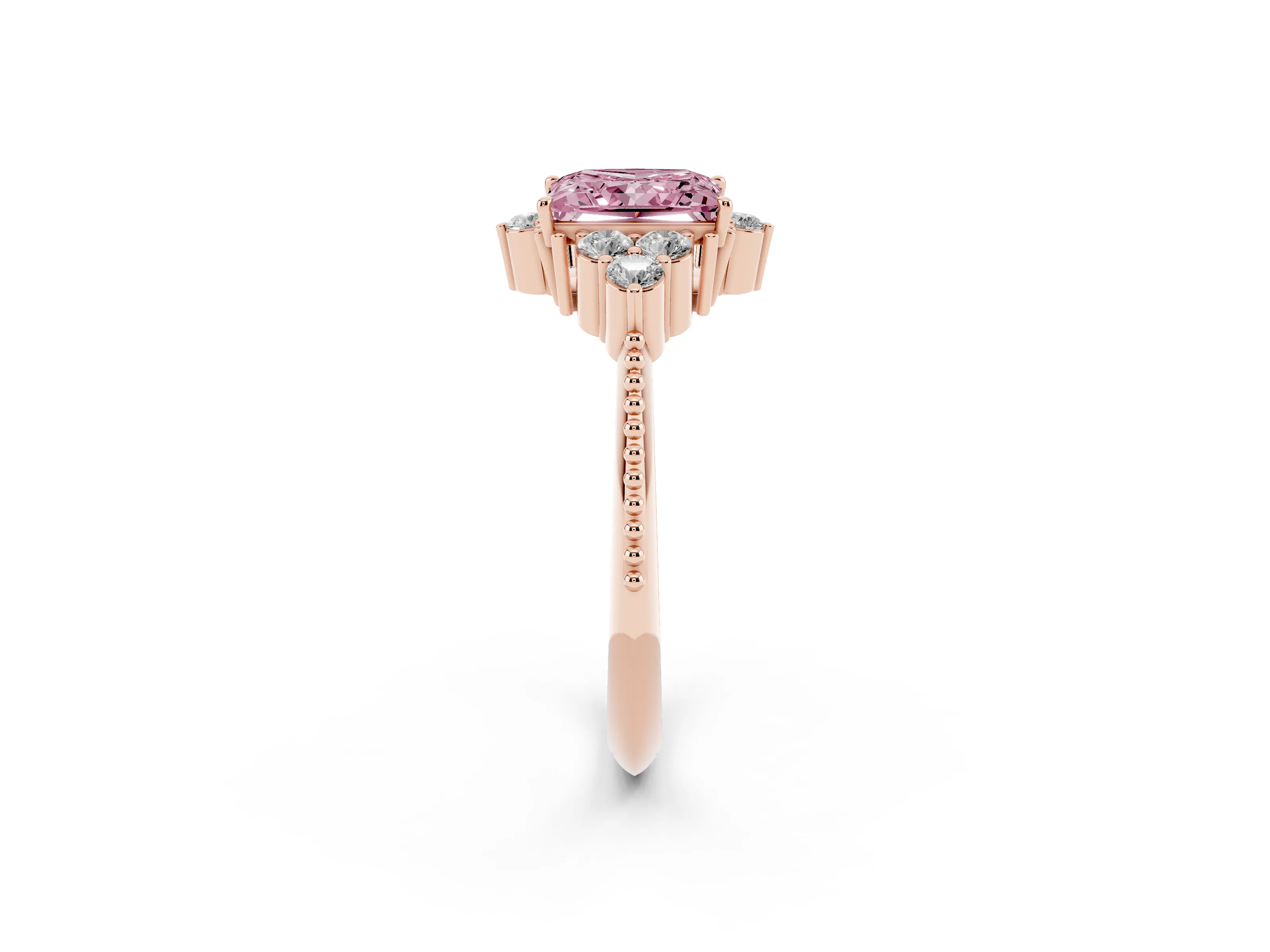 Fancy Pink Princess Cut Diamond Cluster Ring Set in Rose gold with Beaded Band