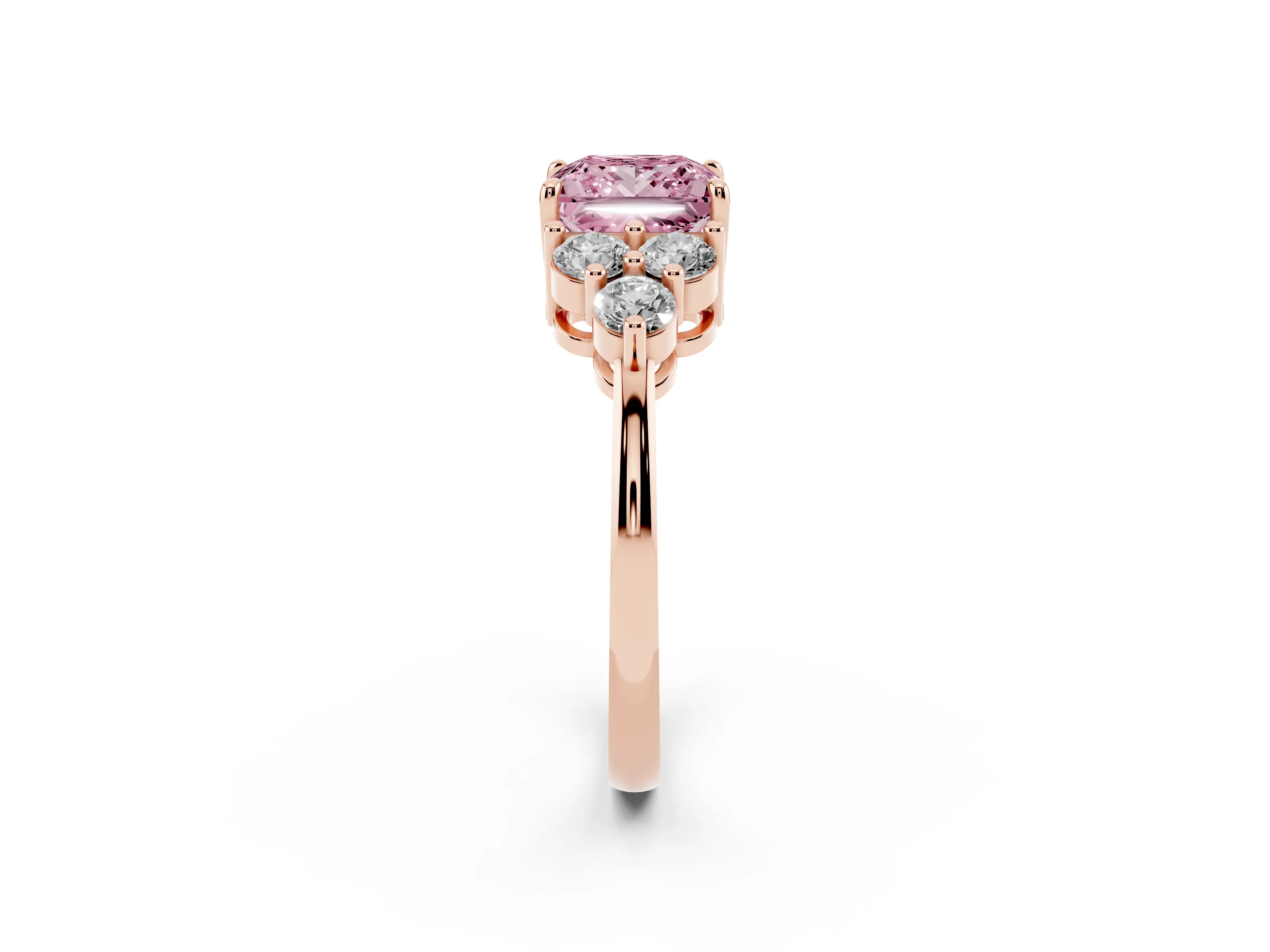 Fancy Pink Princess Cut Diamond Solitaire Ring Set in Rose gold with Cluster Accents on Each Side