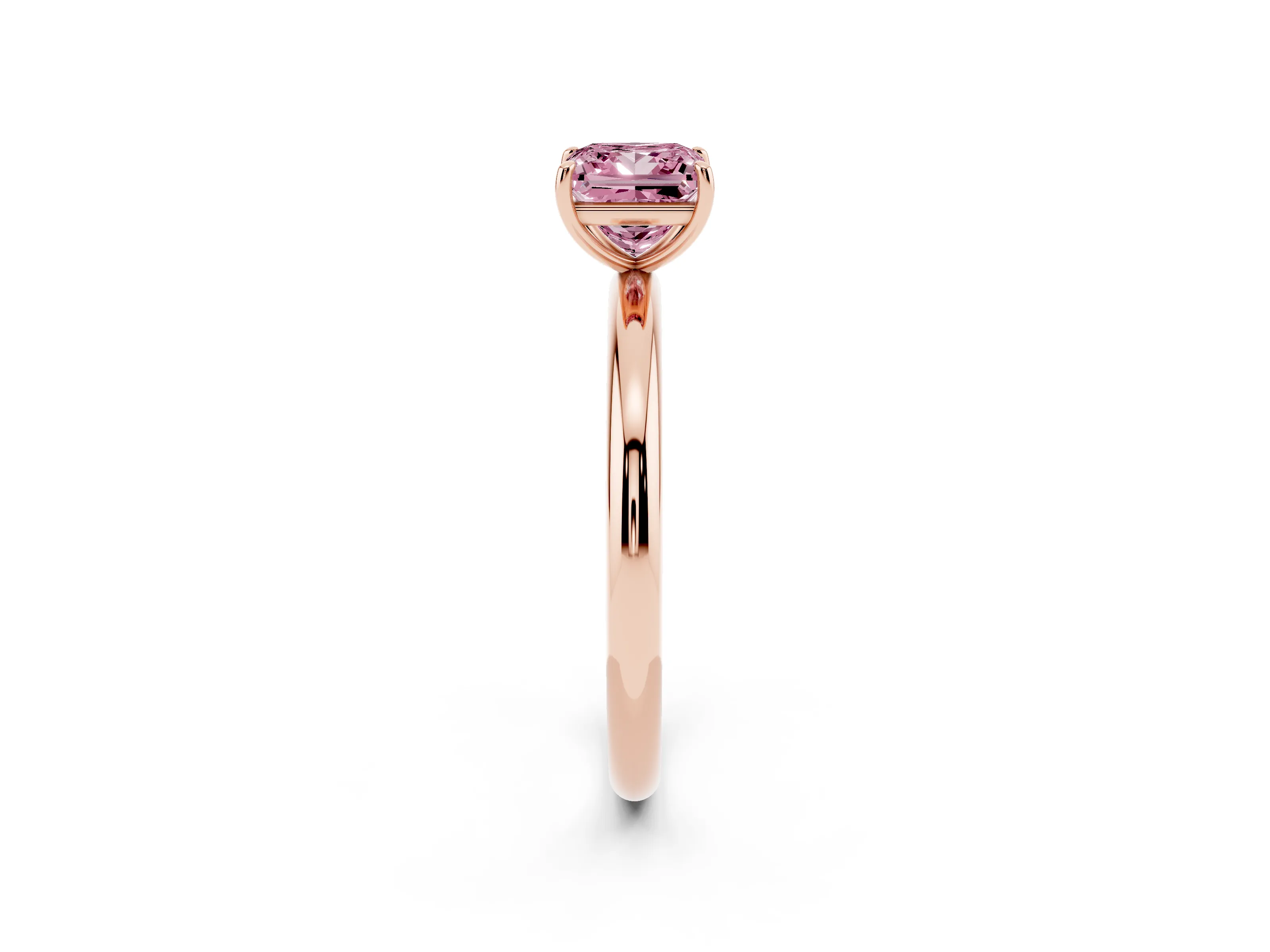 Fancy Pink Princess Cut Diamond Solitaire Ring Set in Rose gold with Prong Setting on a Polished Plain Band