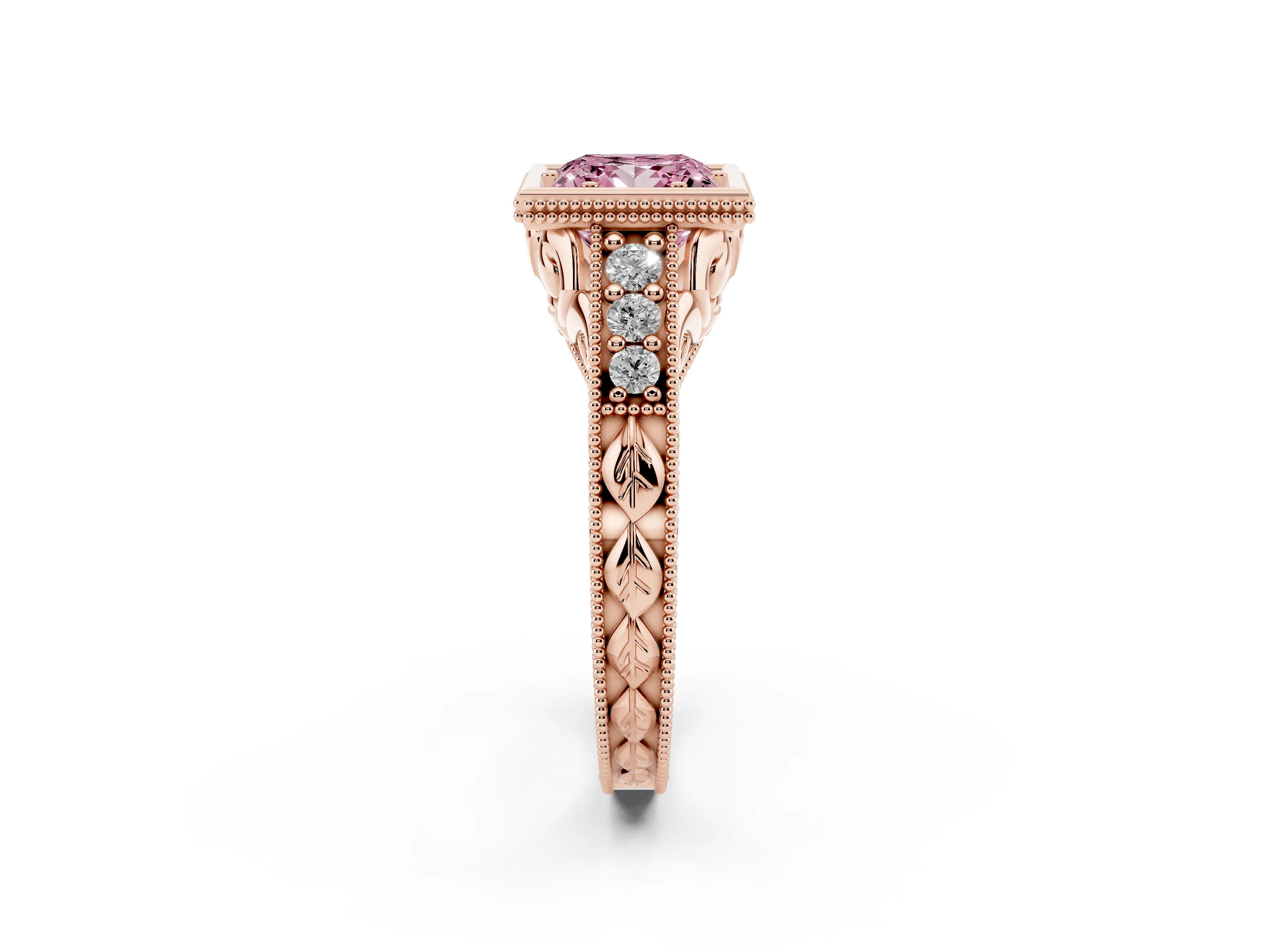 Fancy Pink Bezel Set Princess Cut Diamond Milgrain Pavé Engagement Ring Set in Rose gold