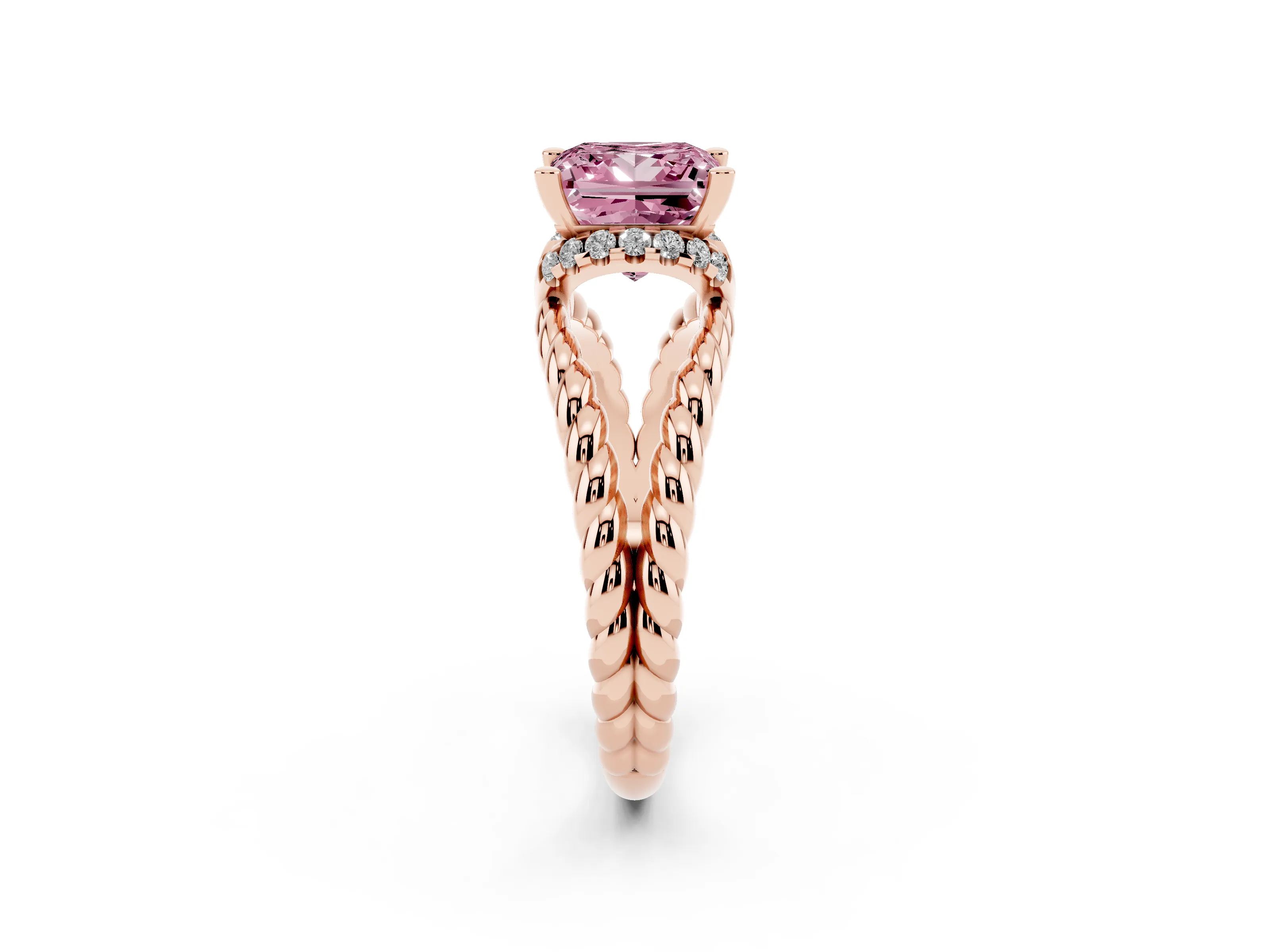 Fancy Pink Princess Cut Diamond Halo Ring Set in Rose gold with Twisted Band and Prong Setting