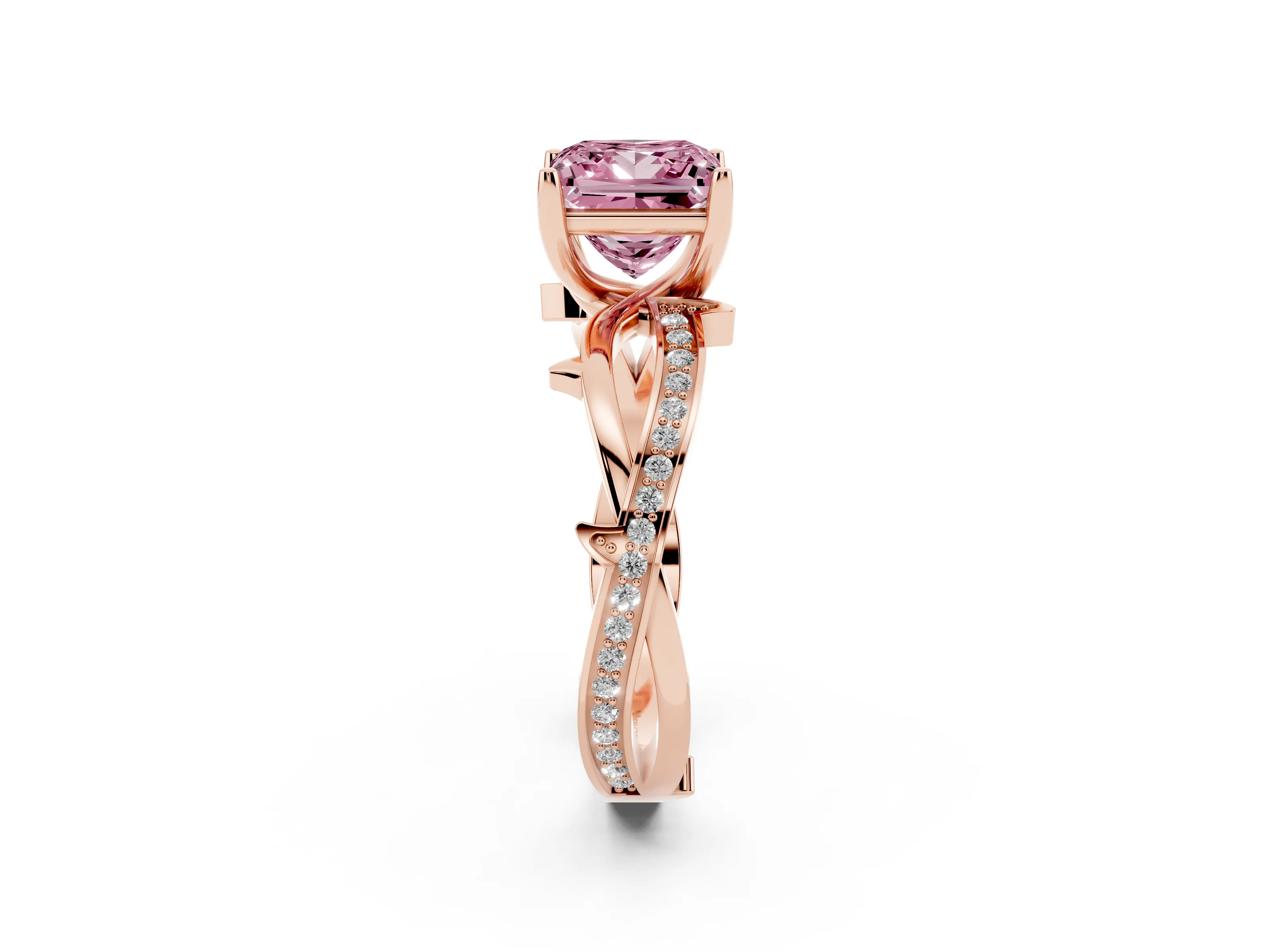 Fancy Pink Princess Cut Diamond Pavé Twist Band Solitaire Ring Set in Rose gold with Prong Setting