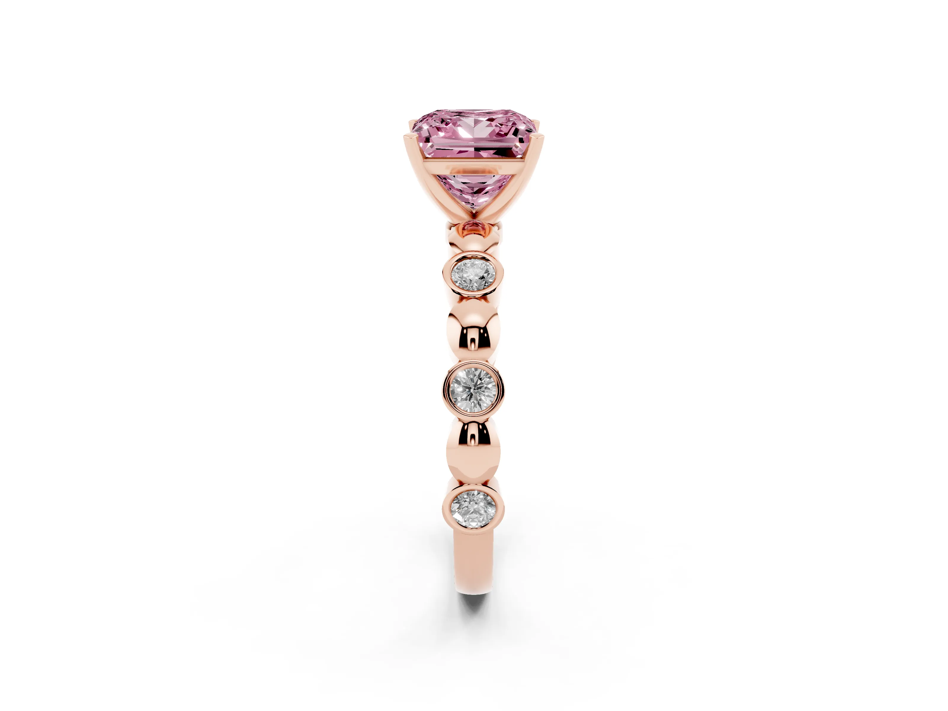 Fancy Pink Princess Cut Diamond Solitaire Ring Set in Rose gold with Bezel-Set Accents on Beaded Band and Prong Setting