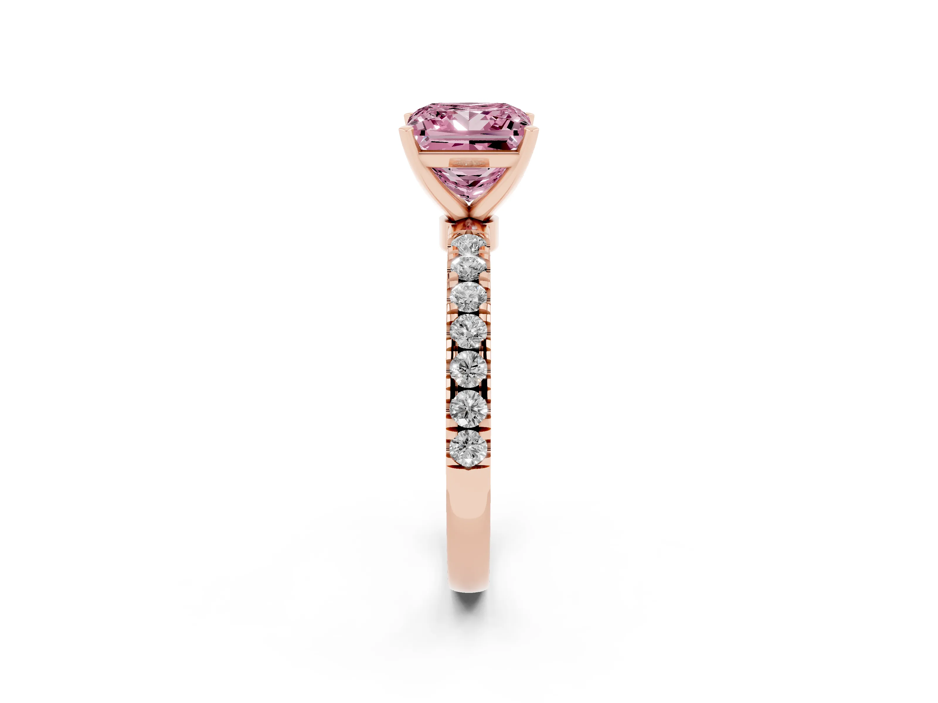 Fancy Pink Princess Cut Diamond Solitaire Ring Set in Rose gold with Pavé Accents and Prong Setting