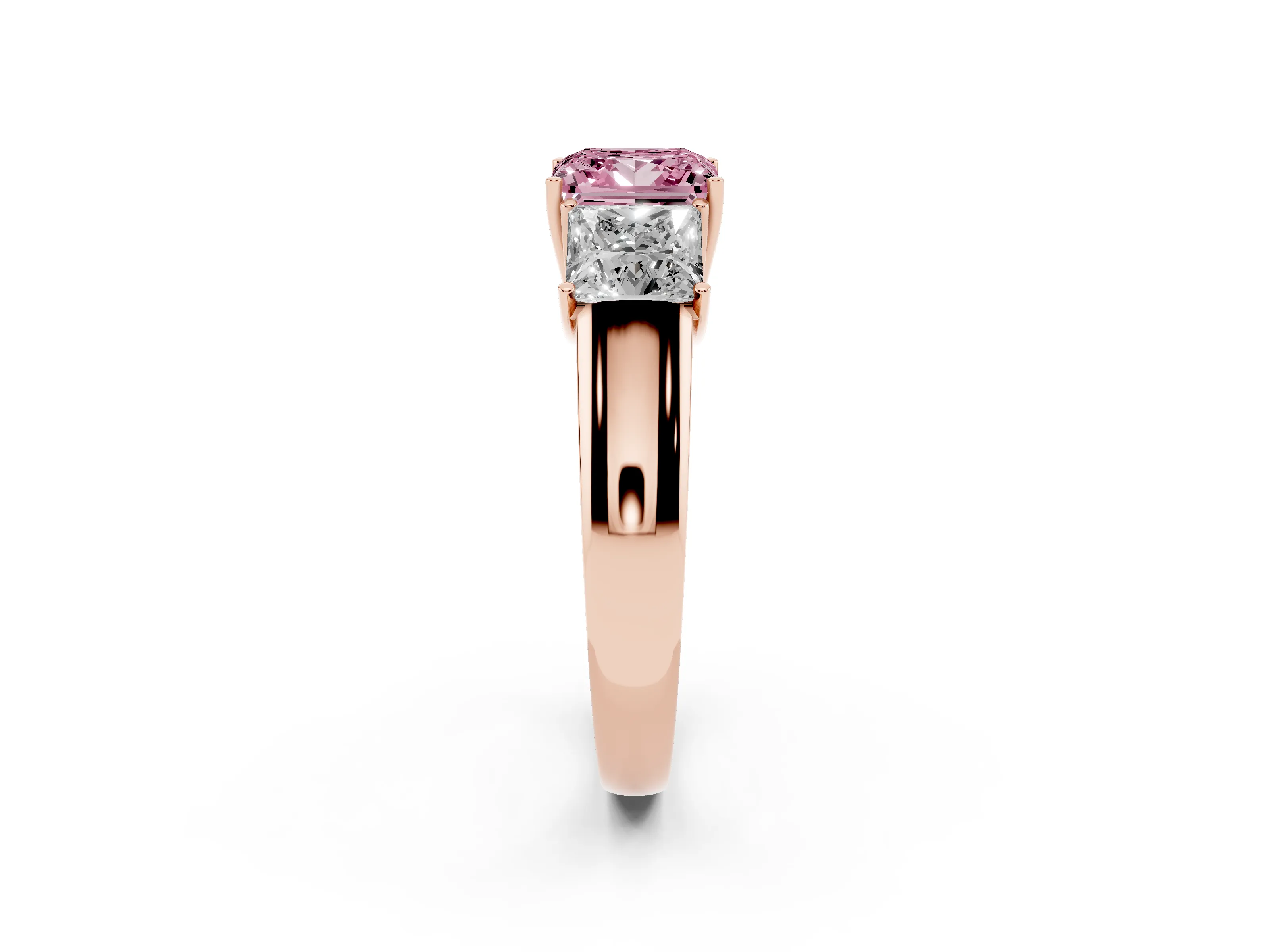Fancy Pink Three-Stone Princess Cut Diamond Ring Set in Rose gold with Matching Prong Settings and Plain Band