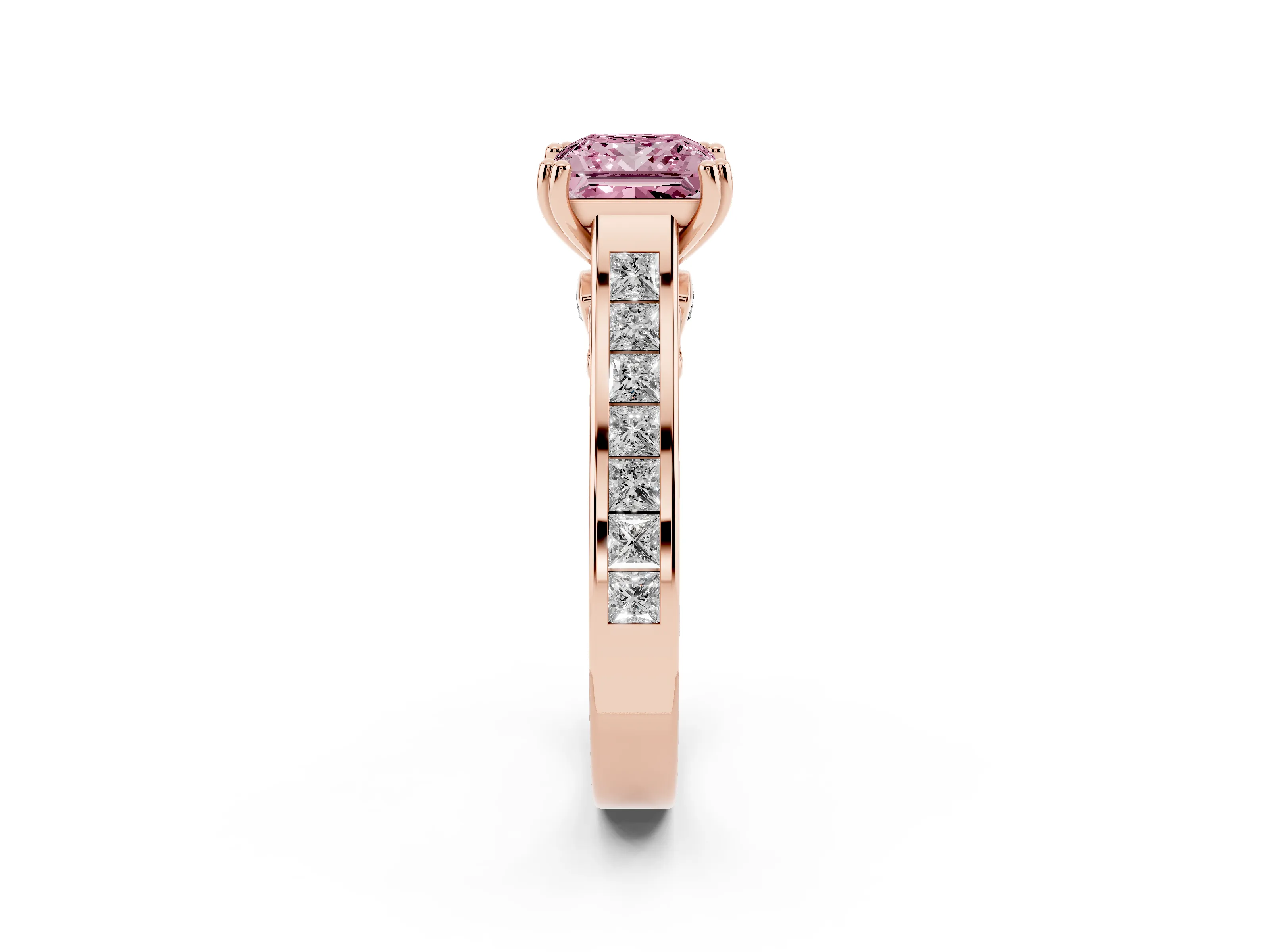 Fancy Pink Princess Cut Diamond Channel Set Solitaire Engagement Ring Set in Rose gold with Prong Setting