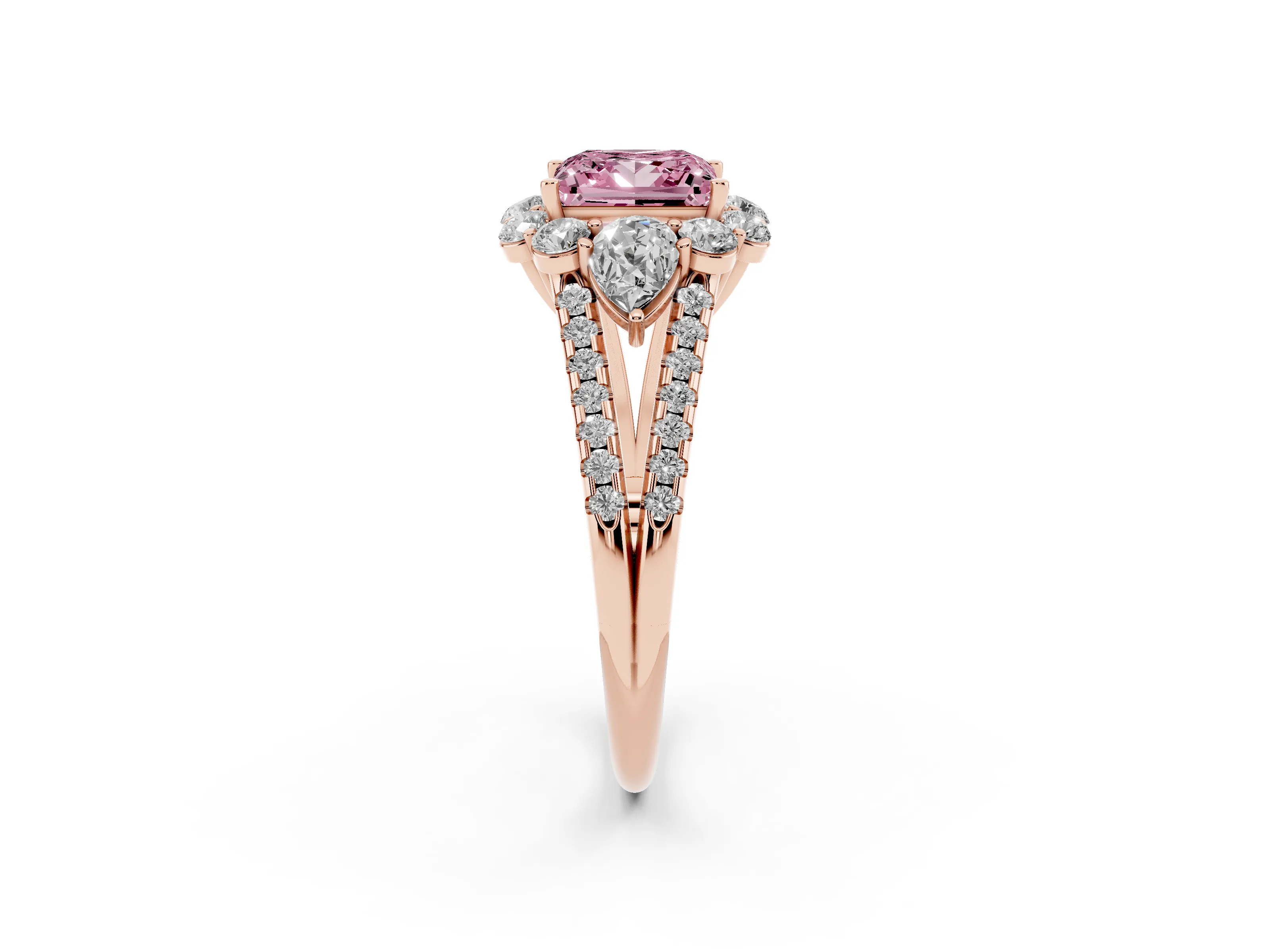 Fancy Pink Princess Cut Diamond Halo Split Shank Engagement Ring Set in Rose gold with Prong-Held Center Stone