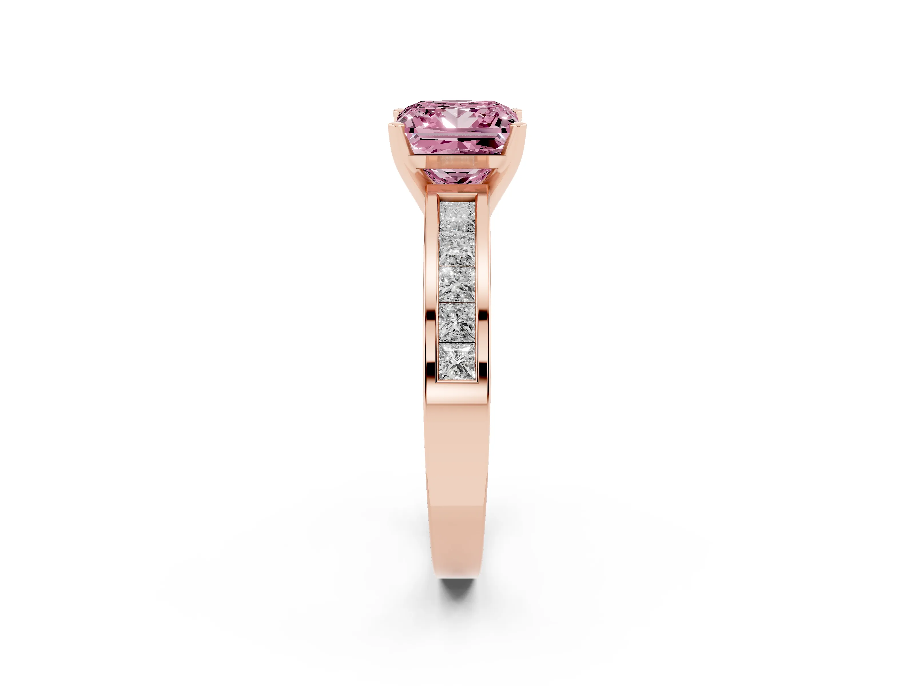 Fancy Pink Princess Cut Diamond Solitaire Ring Set in Rose gold with Channel-Set Band and Prong Setting