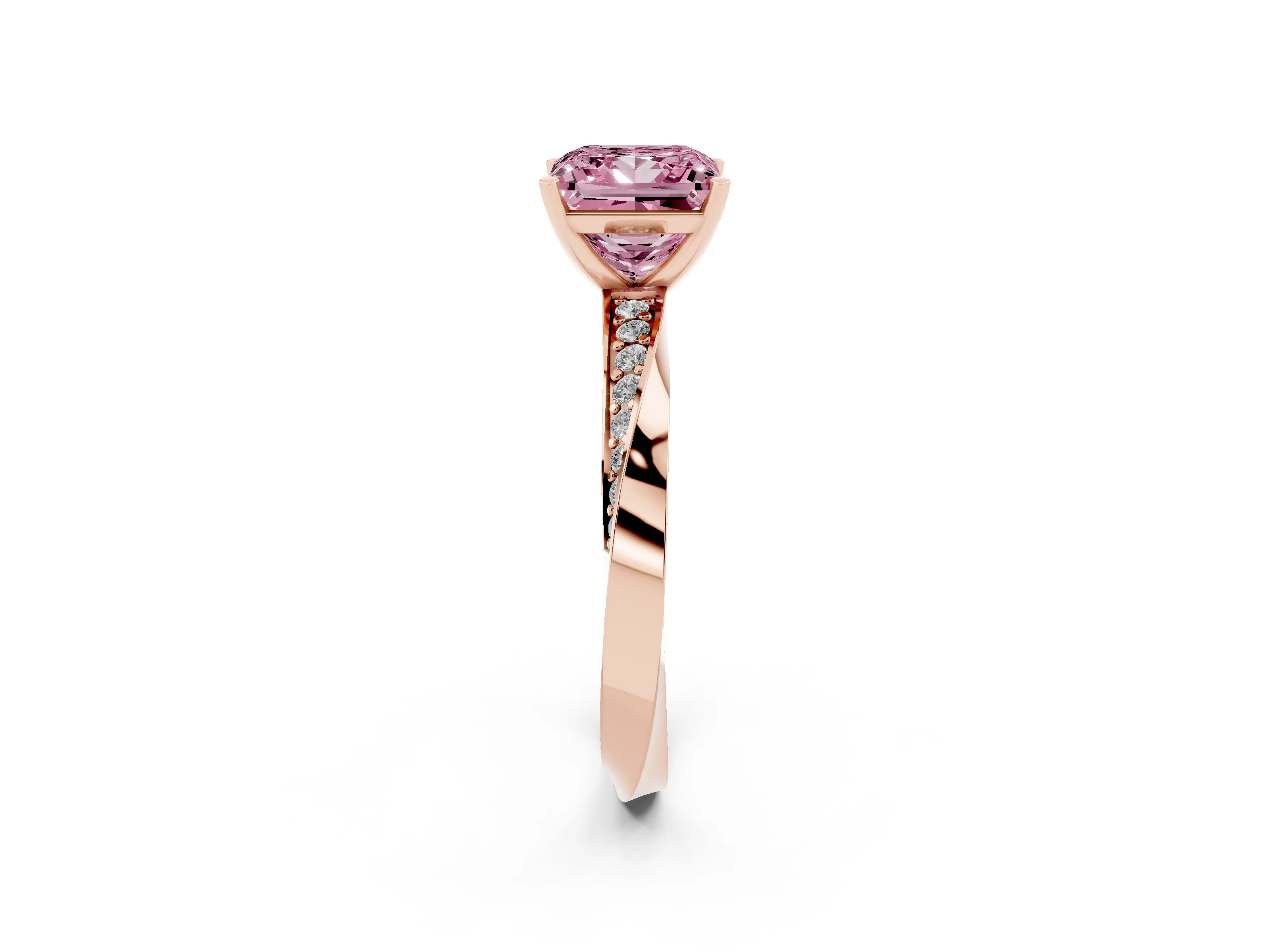 Fancy Pink Princess Cut Diamond Engagement Ring Set in Rose gold with Side Stone Accents and Prong Setting