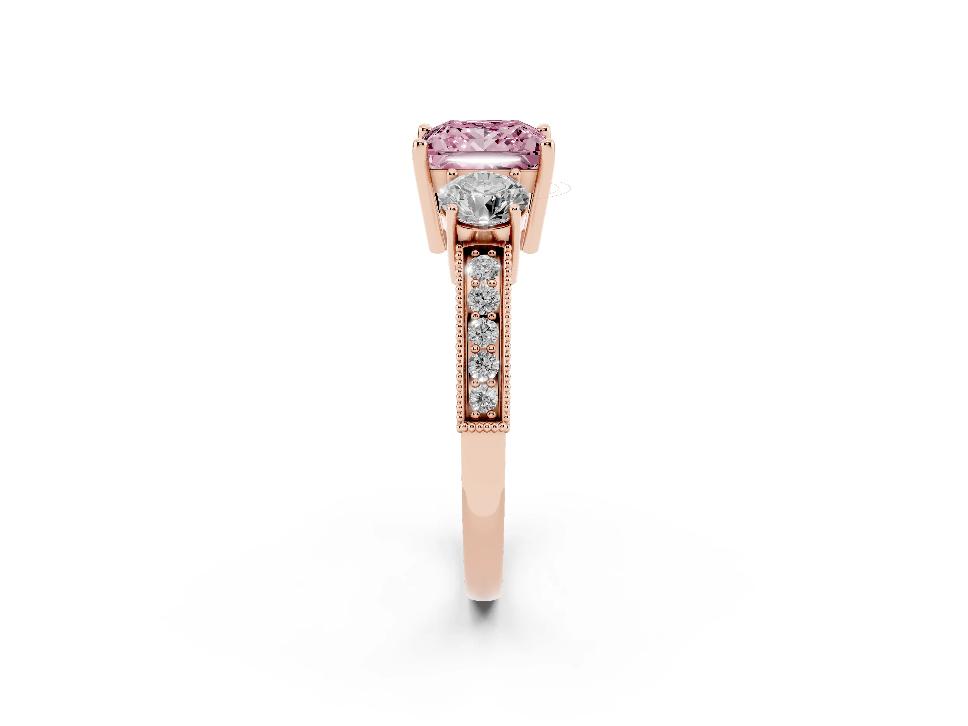 Fancy Pink Princess Cut Diamond Three-Stone Ring Set in Rose gold with Round Side Stones and Pavé Band