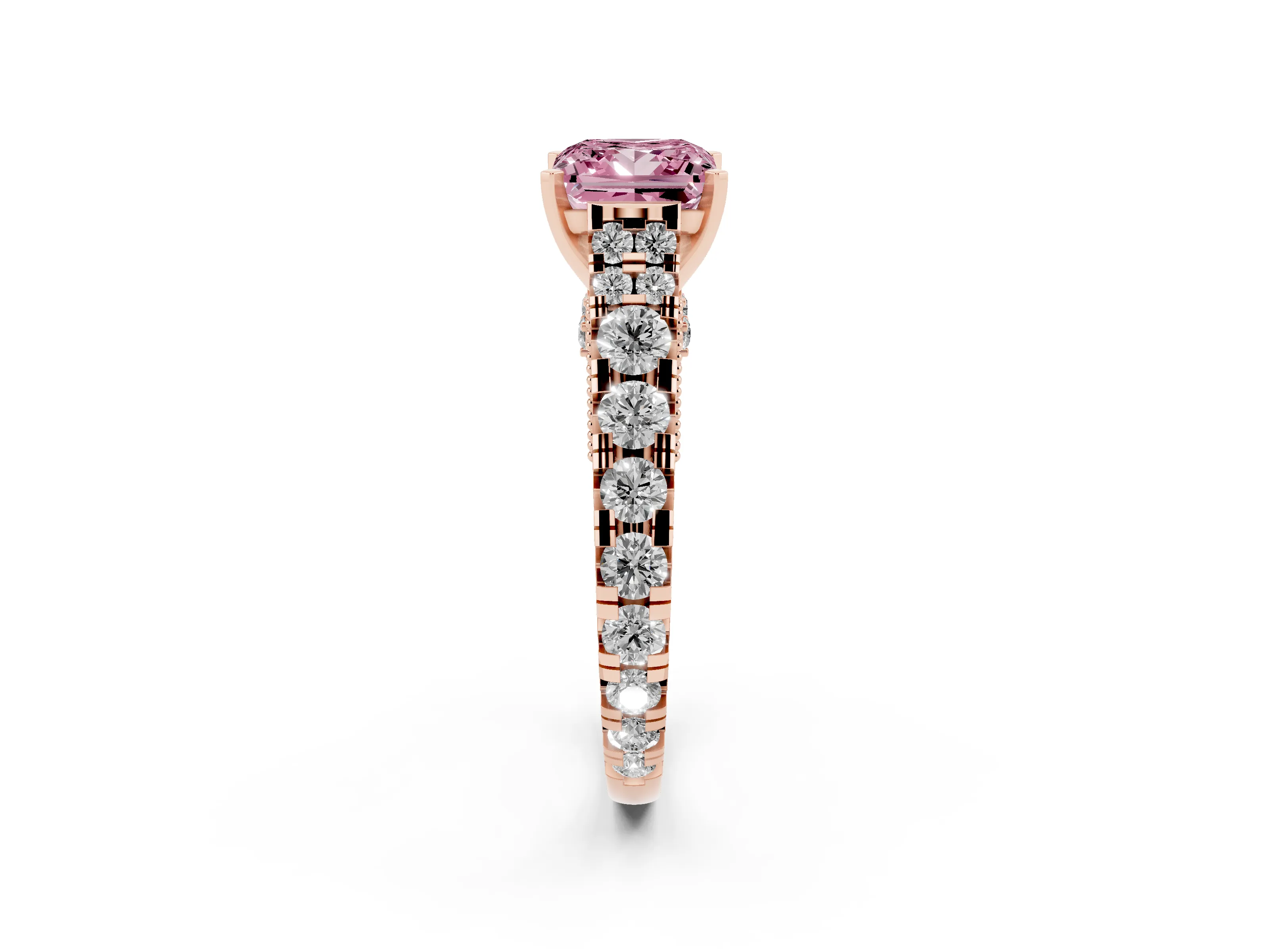 Fancy Pink Princess Cut Diamond Classic Solitaire Ring Set in Rose gold with Pavé Band and Prong Setting