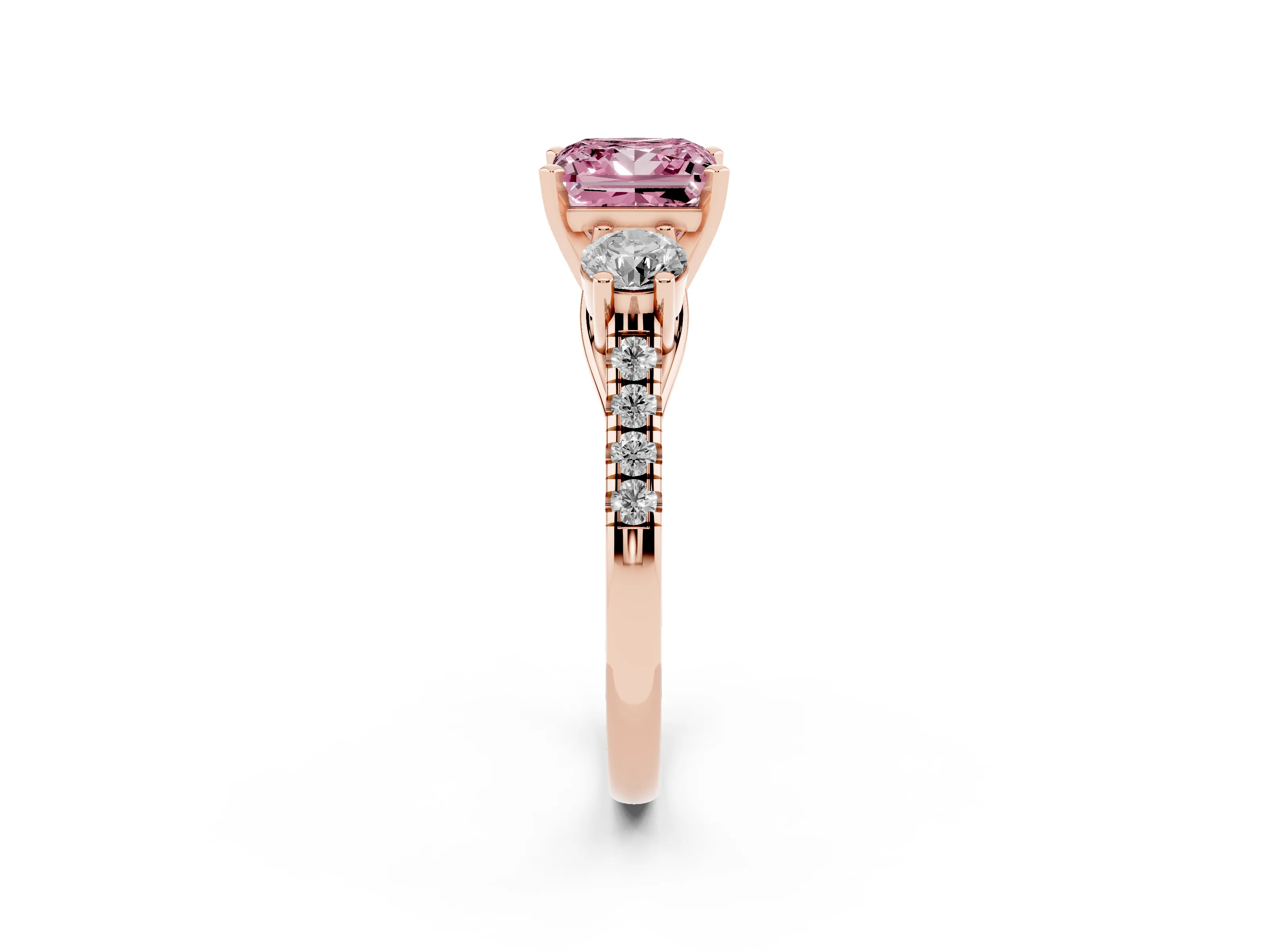 Fancy Pink Three-Stone Princess Cut Diamond Pavé Band Ring Set in Rose gold with Prong-Set Trio