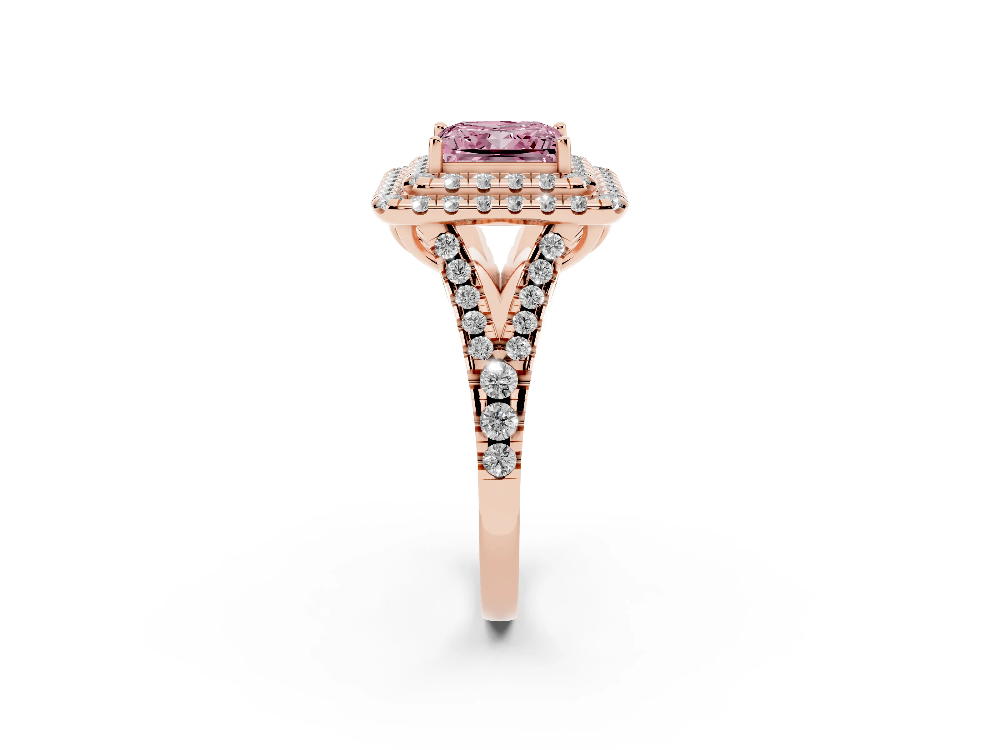 Fancy Pink Princess Cut Diamond Double Halo Ring Set in Rose gold with Pavé Split Shank and Prong Setting