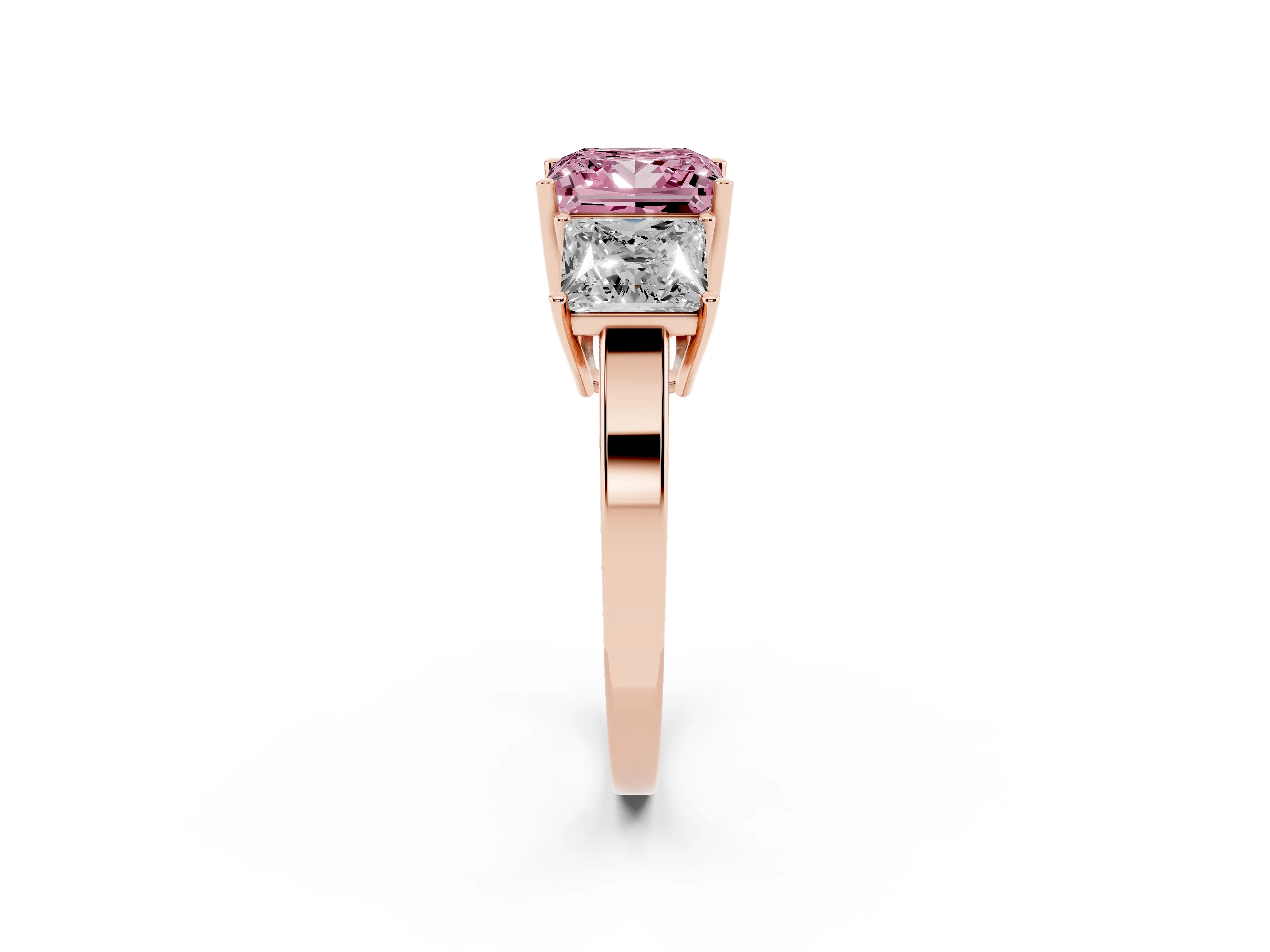Fancy Pink Princess Cut Diamond Three-Stone Engagement Ring Set in Rose gold with Flat Band