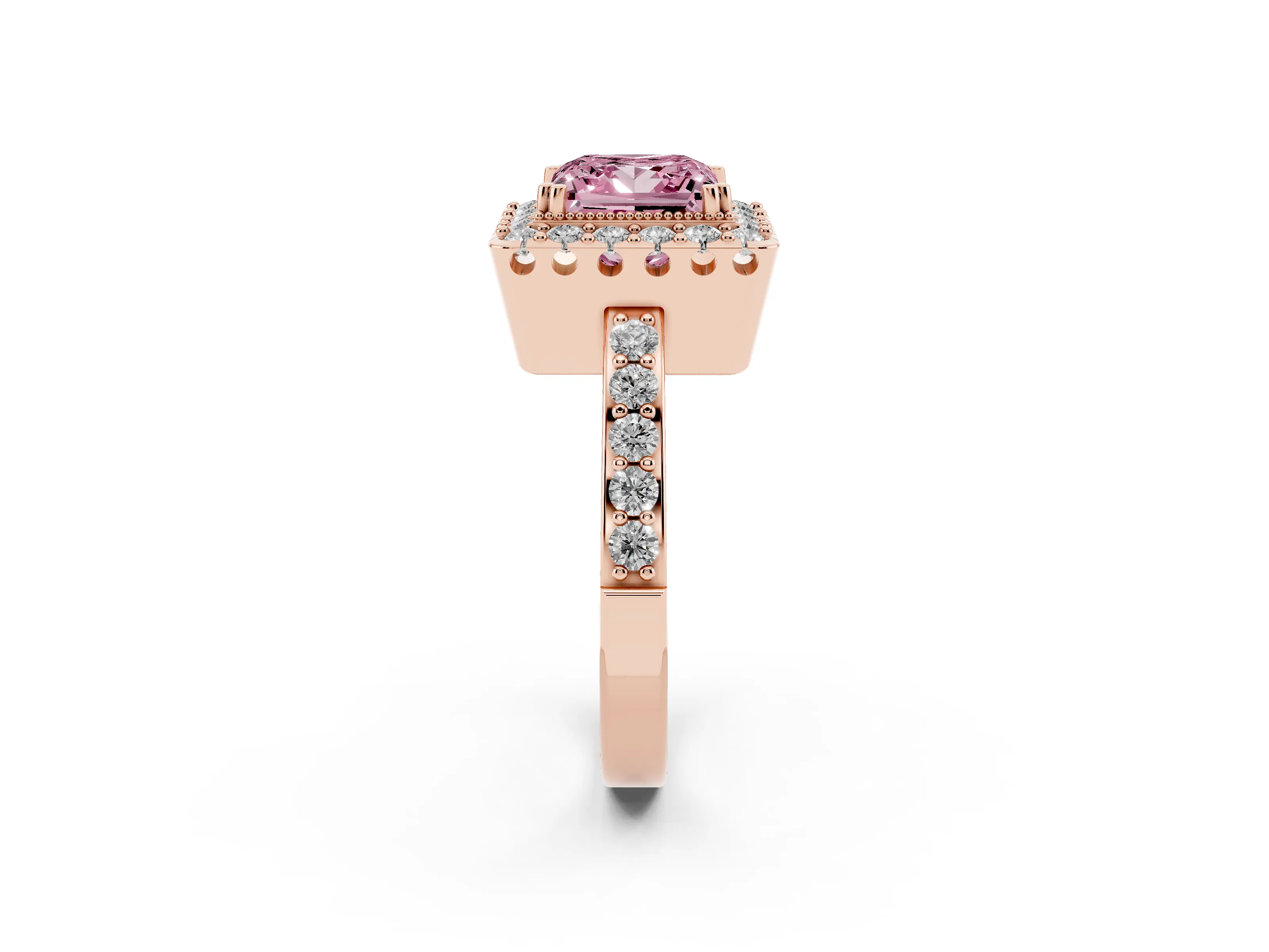 Fancy Pink Princess Cut Diamond Halo Ring Set in Rose gold with Pavé Shank and Prong Setting
