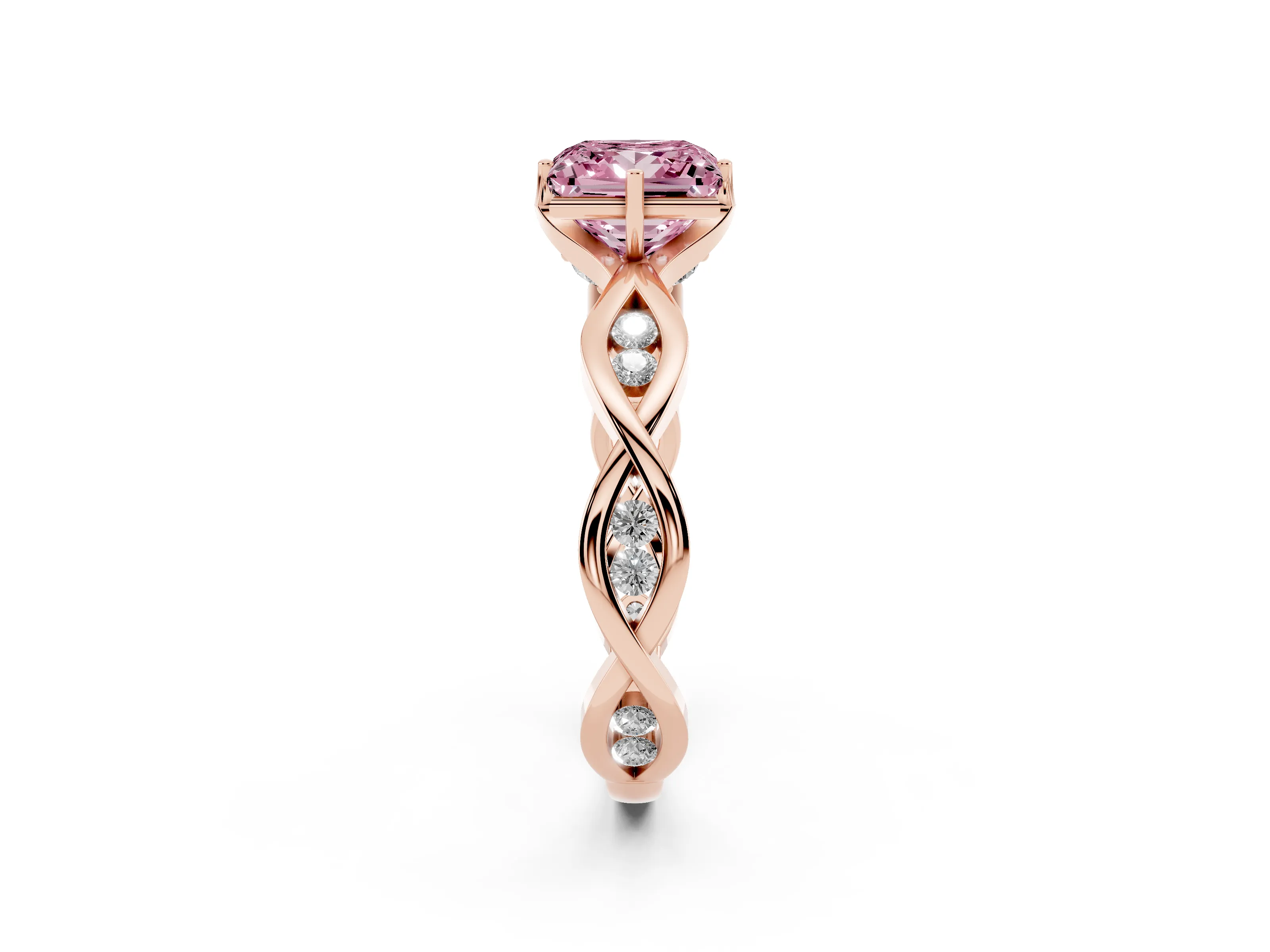 Fancy Pink Princess Cut Diamond Twist Band Solitaire Ring Set in Rose gold with Leaf Prong Setting and Accent Stones