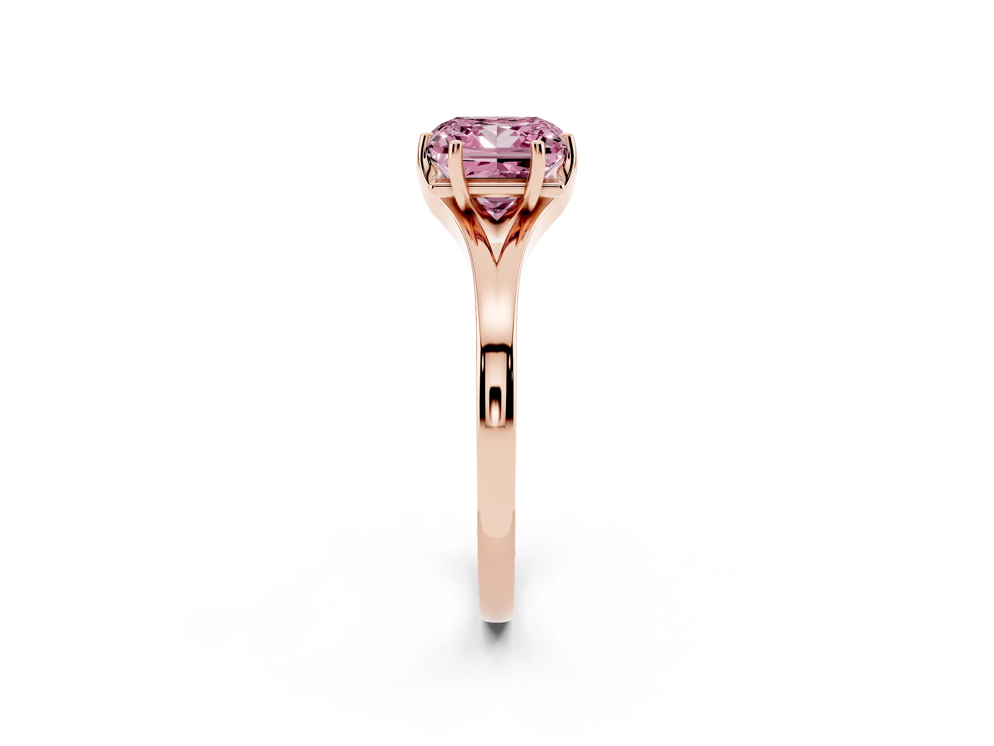 Fancy Pink Princess Cut Diamond Solitaire Ring Set in Rose gold with Polished Tapered Band and Prong Setting