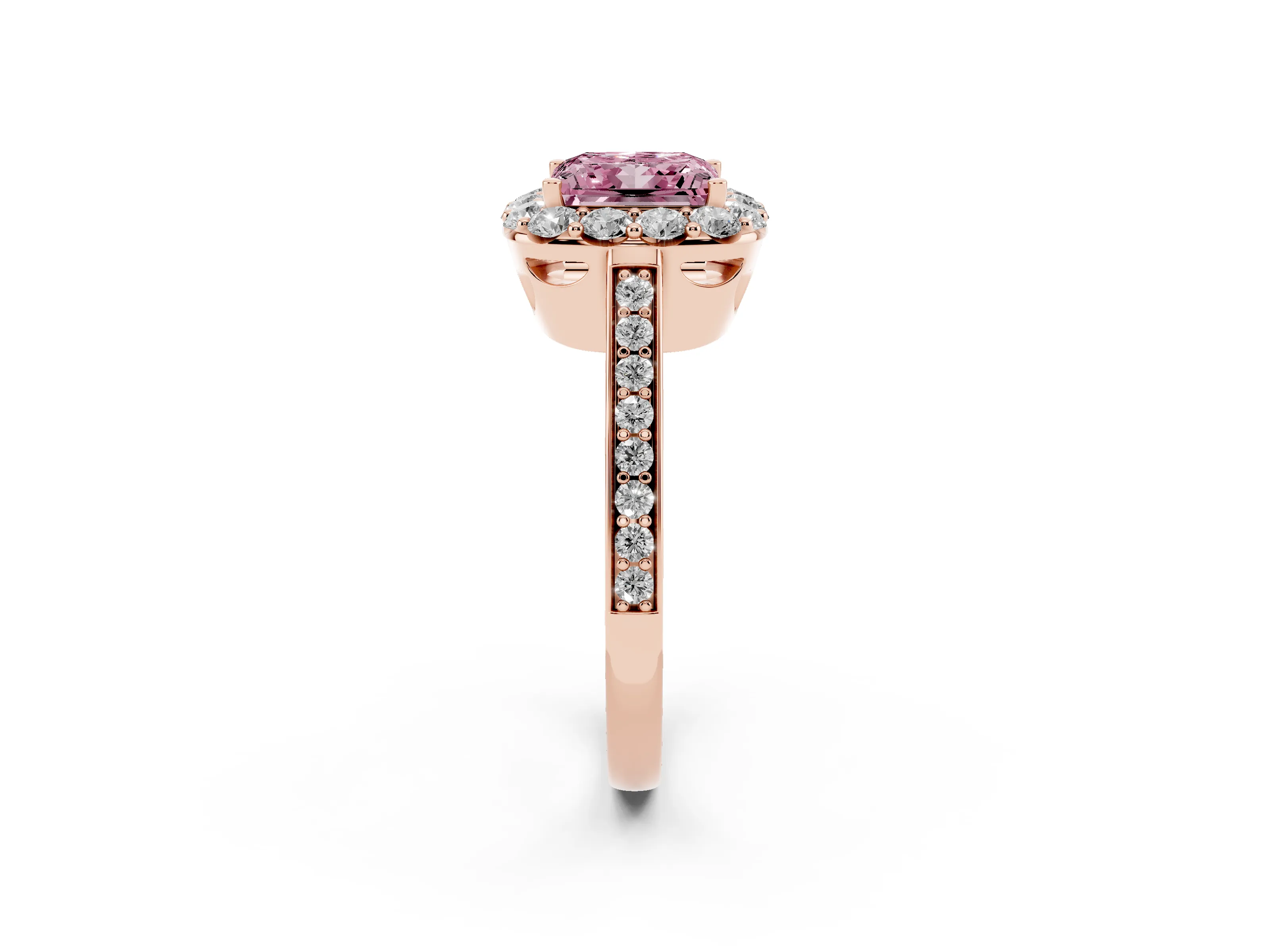 Fancy Pink Princess Cut Diamond Floral Halo Ring Set in Rose gold with Pavé Band and Prong Setting