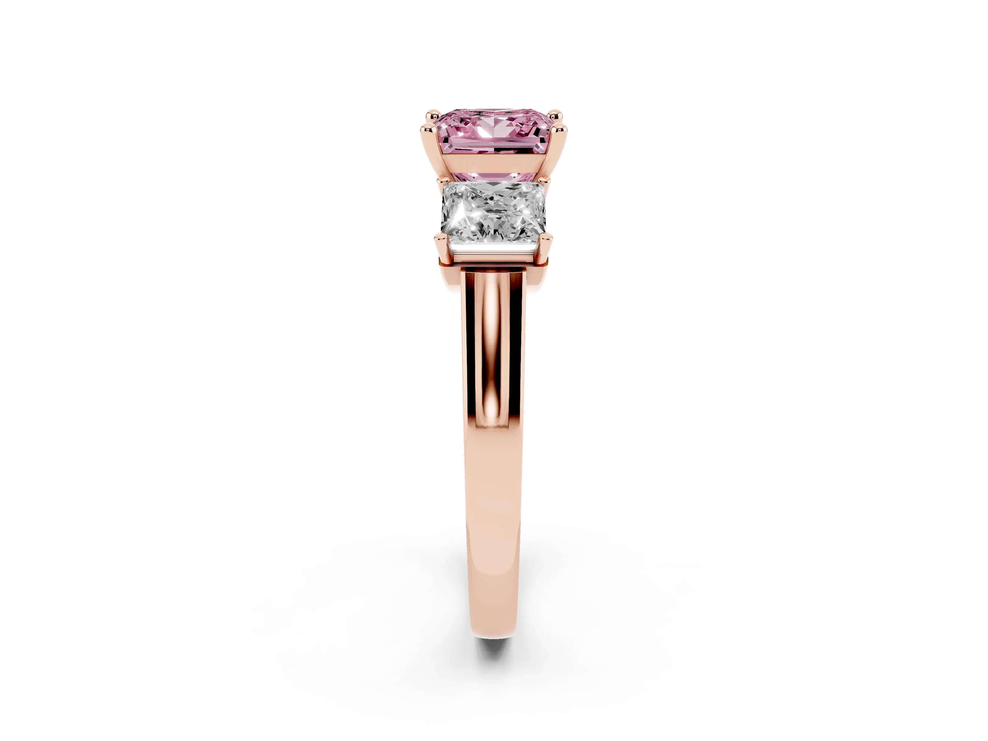Fancy Pink Princess Cut Diamond Three-Stone Trellis Ring Set in Rose gold with Comfort Fit Band