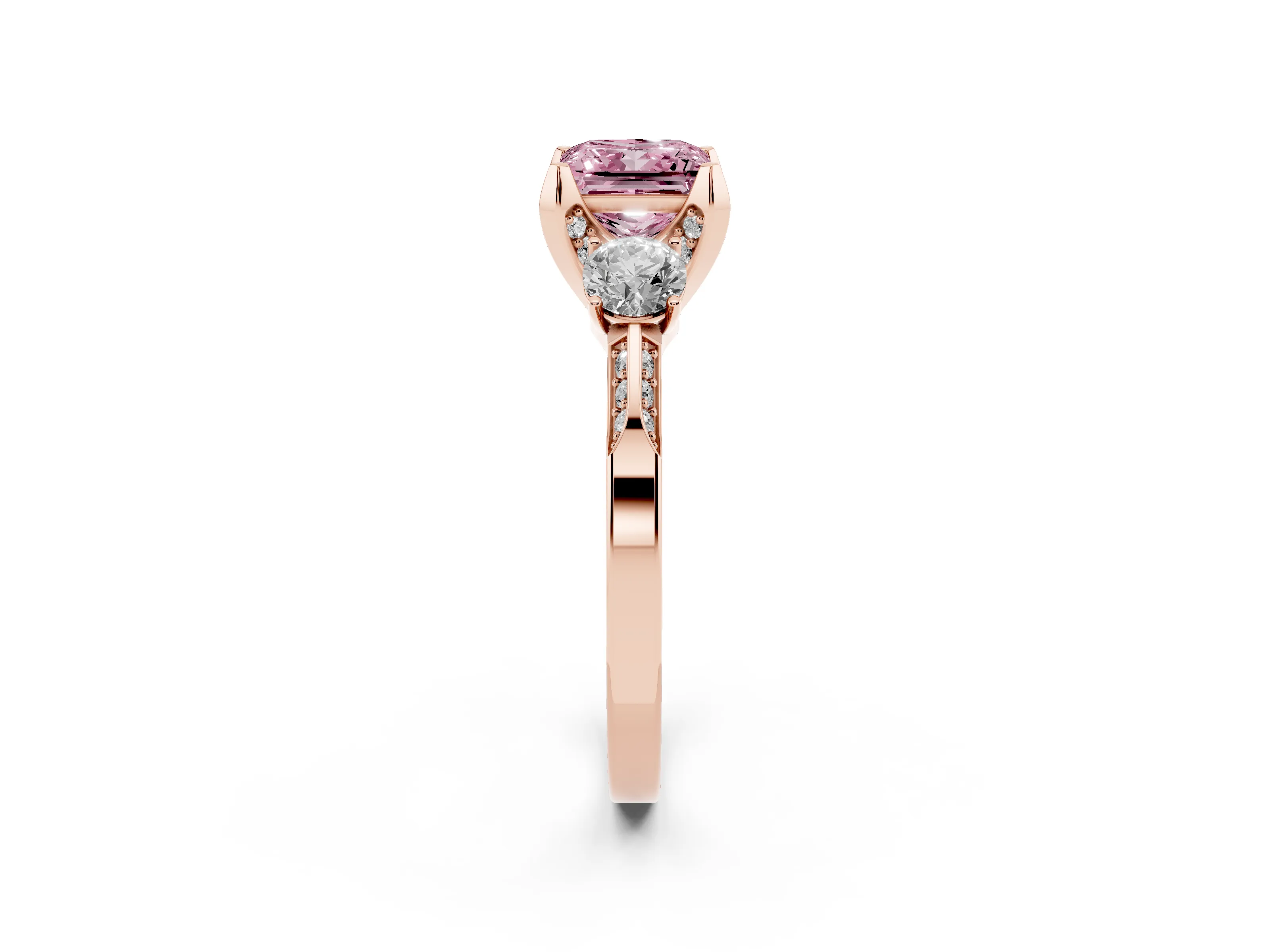 Fancy Pink Princess Cut Diamond Three-Stone Ring Set in Rose gold with Pavé Band and Smaller Side Stones
