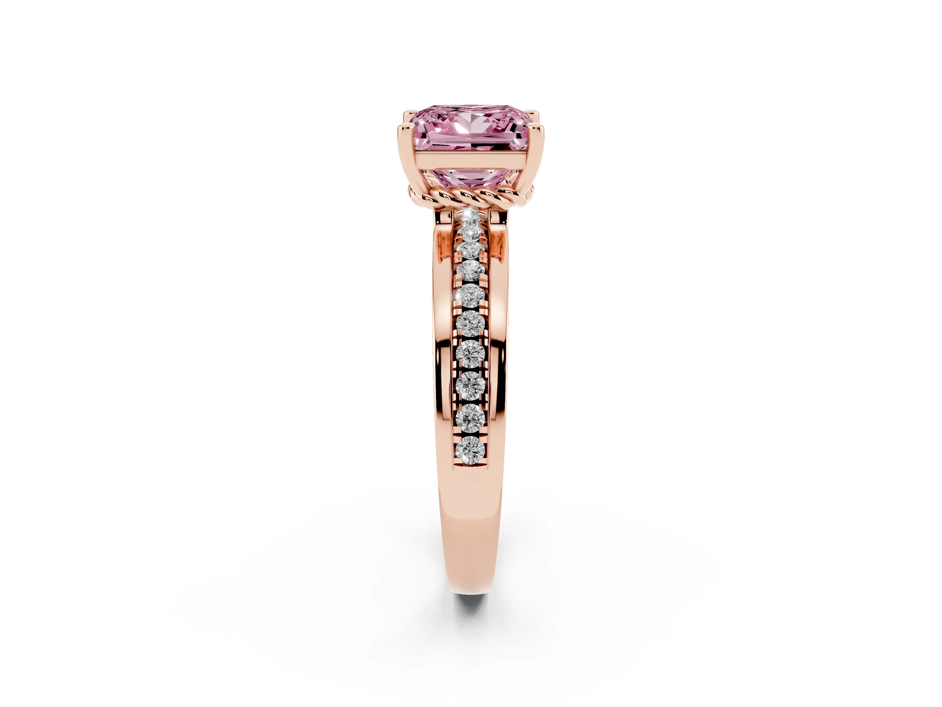 Fancy Pink Princess Cut Diamond Solitaire Ring Set in Rose gold with Channel Set Band and Prong Setting