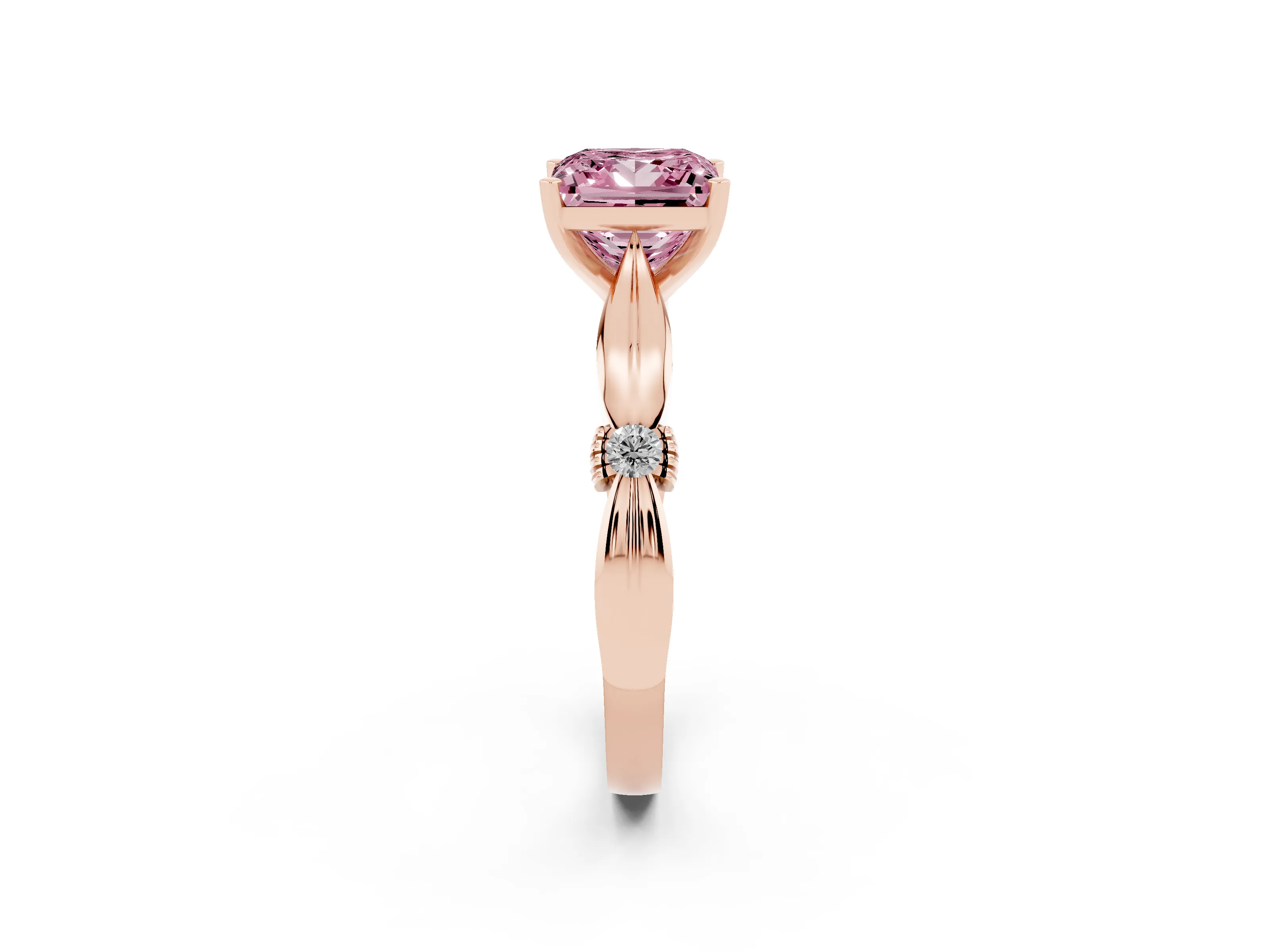 Fancy Pink Princess Cut Diamond Solitaire Twisted Band Ring Set in Rose gold with Accent Stones and Prong Setting